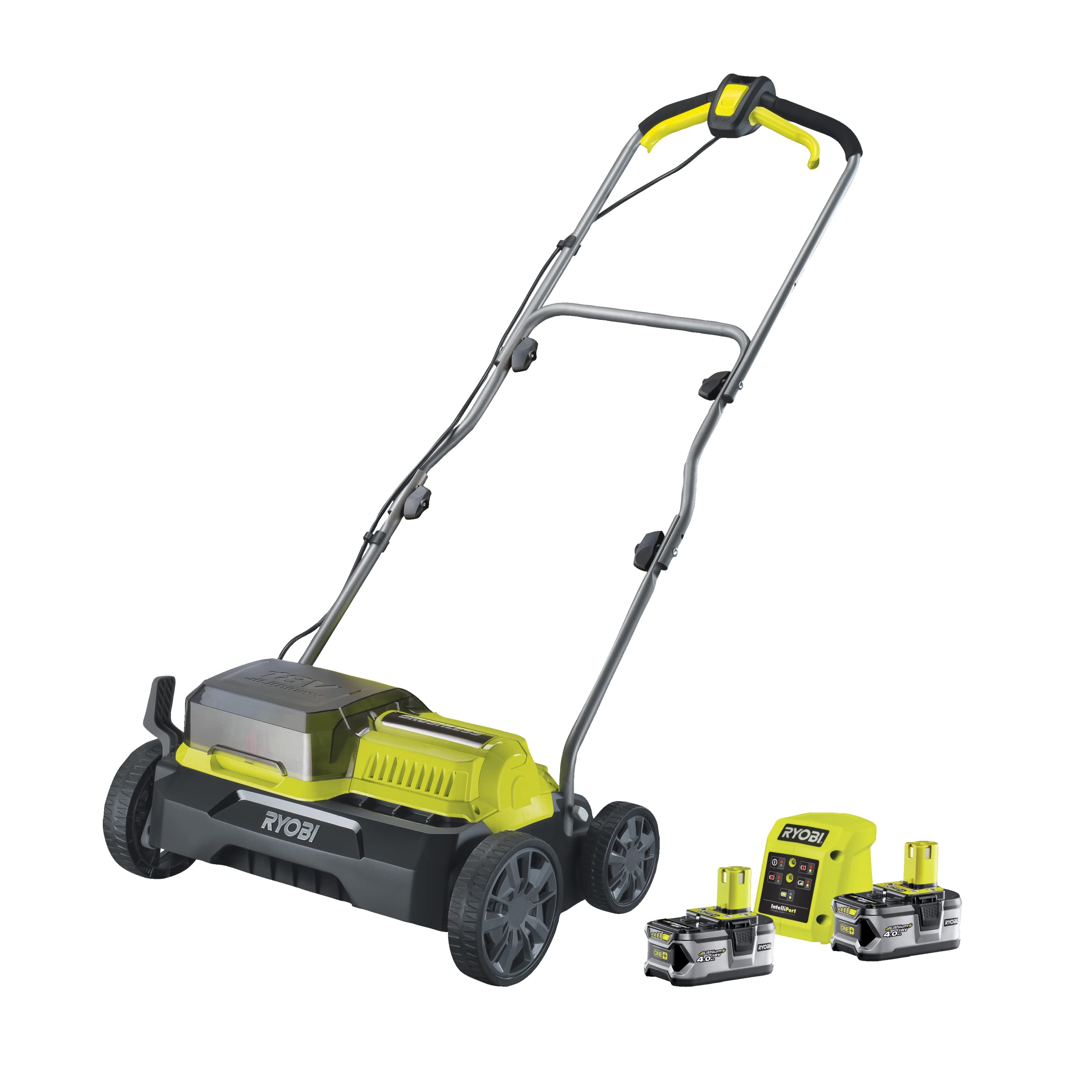 Scarifier شارژی RYOBI 18 V ONE+ براشلس RY18SFX35A-240 (عرض کار 35 سانتی متر، تنظیم عمق 4 مرحله، غلتک خراش دهنده با 16 تیغه، کیسه خاک 55 لیتری، شامل 2x باتری 4.0Ah و شارژر)