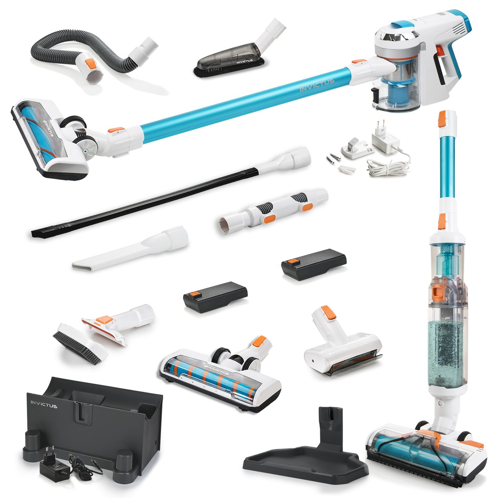 جاروبرقی 31 تکه ای جنیوس Invictus X7 Deluxe Wet and Dry, جارو شارژی, جاروبرقی مرطوب با قابلیت تمیز کردن خودکار, 2 مخزن آب, چراغ LED, 380 وات, عمر باتری تا 30 دقیقه, سیستم فیلتر سه گانه