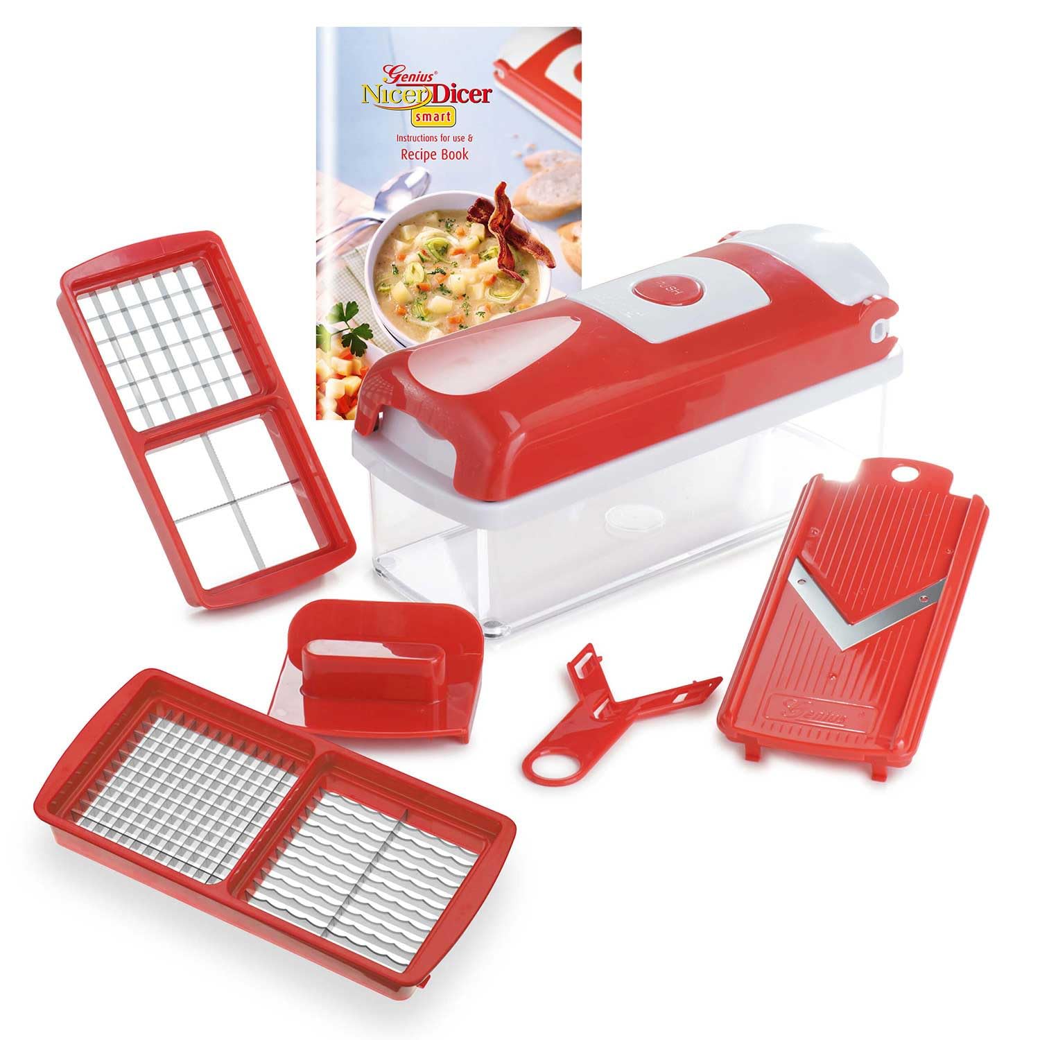 Genius Nicer Dicer Smart | 6 عدد | خردکن غذا | چند کاتر | برش دهنده | برش | رنده | دیس کردن | ماندولین میوه + سبزیجات | جدید