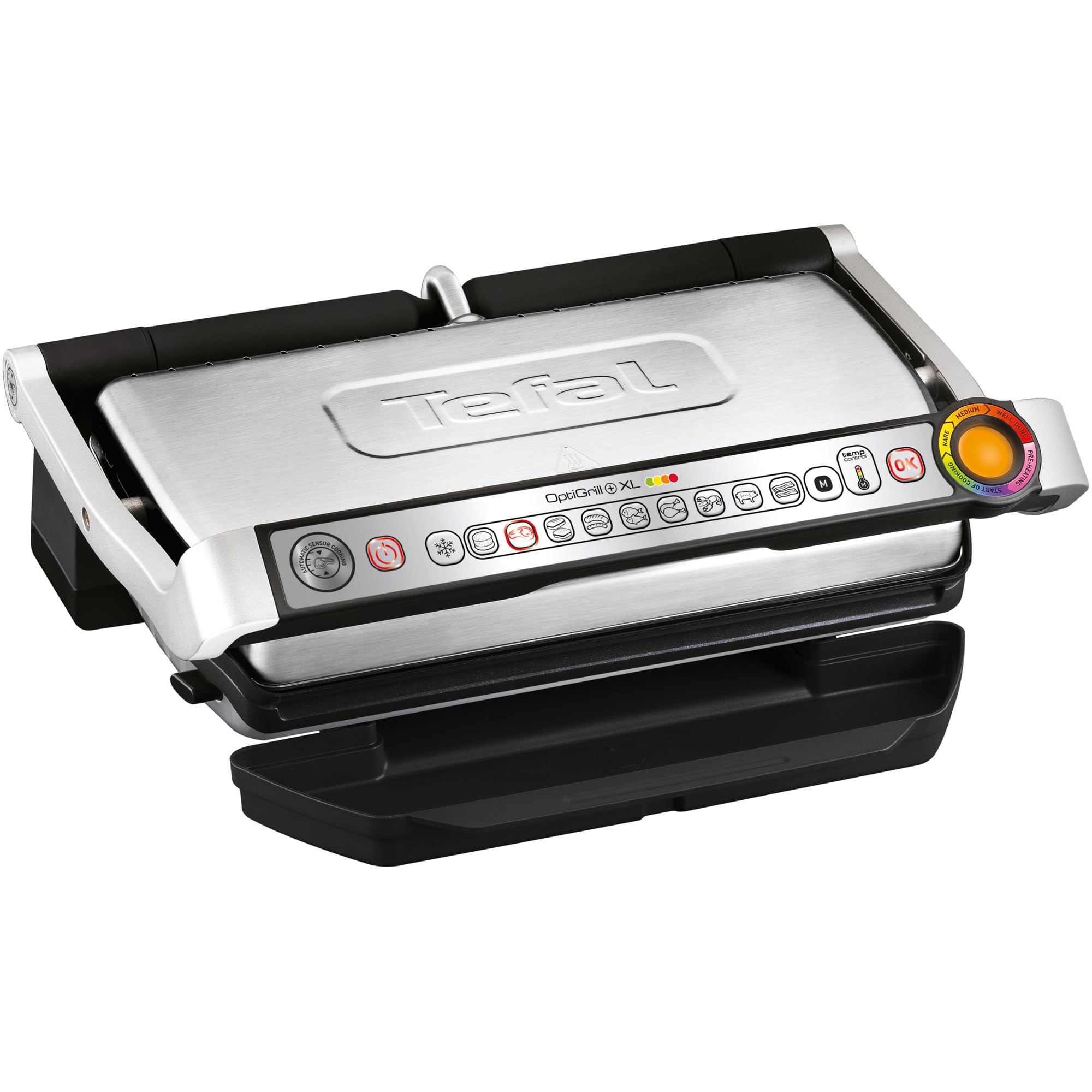 گریل تفال Tefal OptiGrill+ XL | گریل کنتاکت با تنظیم اتوماتیک دما | 9 برنامه خودکار | منطقه گریل XL | از جمله سینی پخت | GC724D12