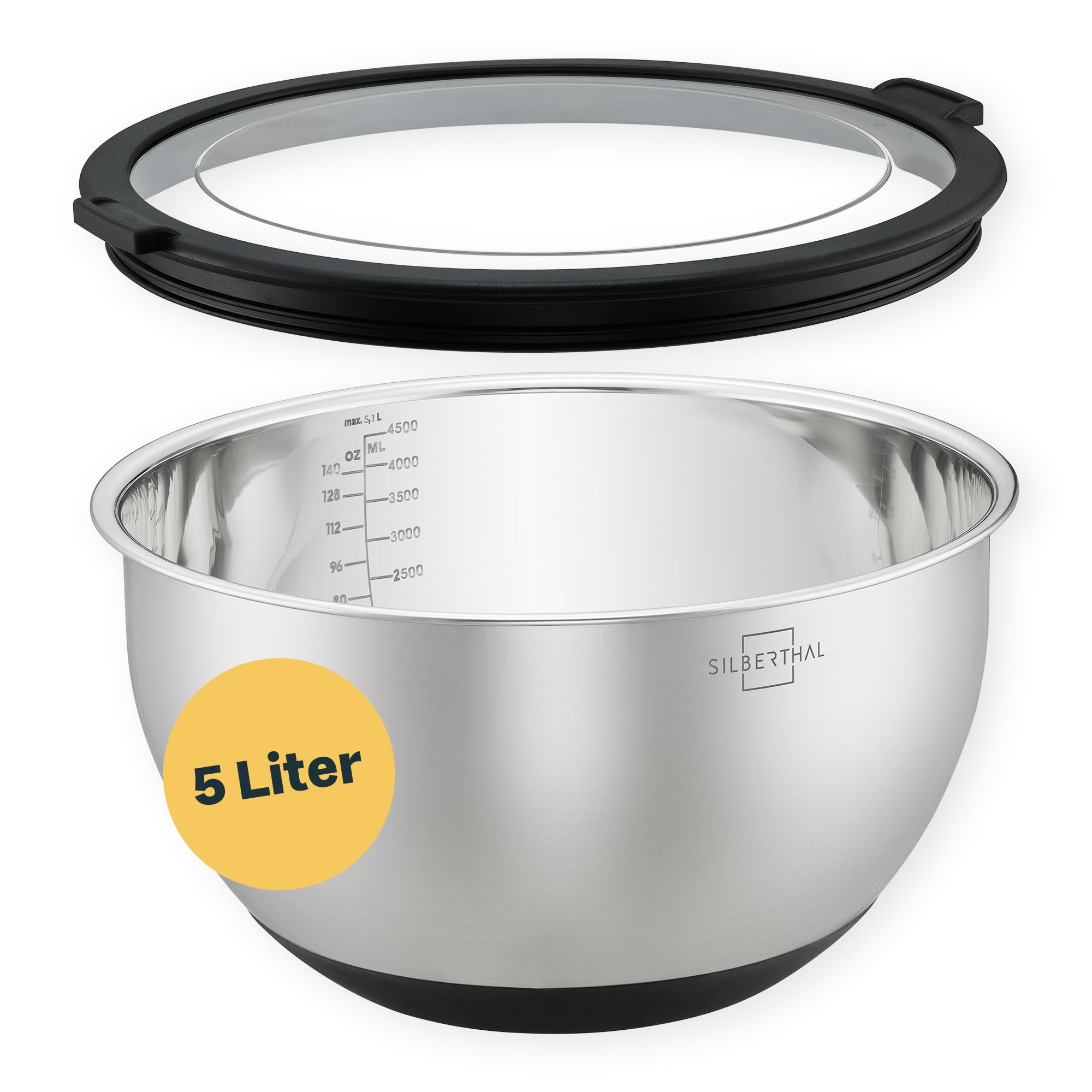 کاسه استیل ضد زنگ سیلبرتال آلمان با درب - کاسه‌های مخلوط کردن 5 لیتری برای سرو، پخت و پز، شیرینی‌پزی، نگهداری - پایه ضد لغزش