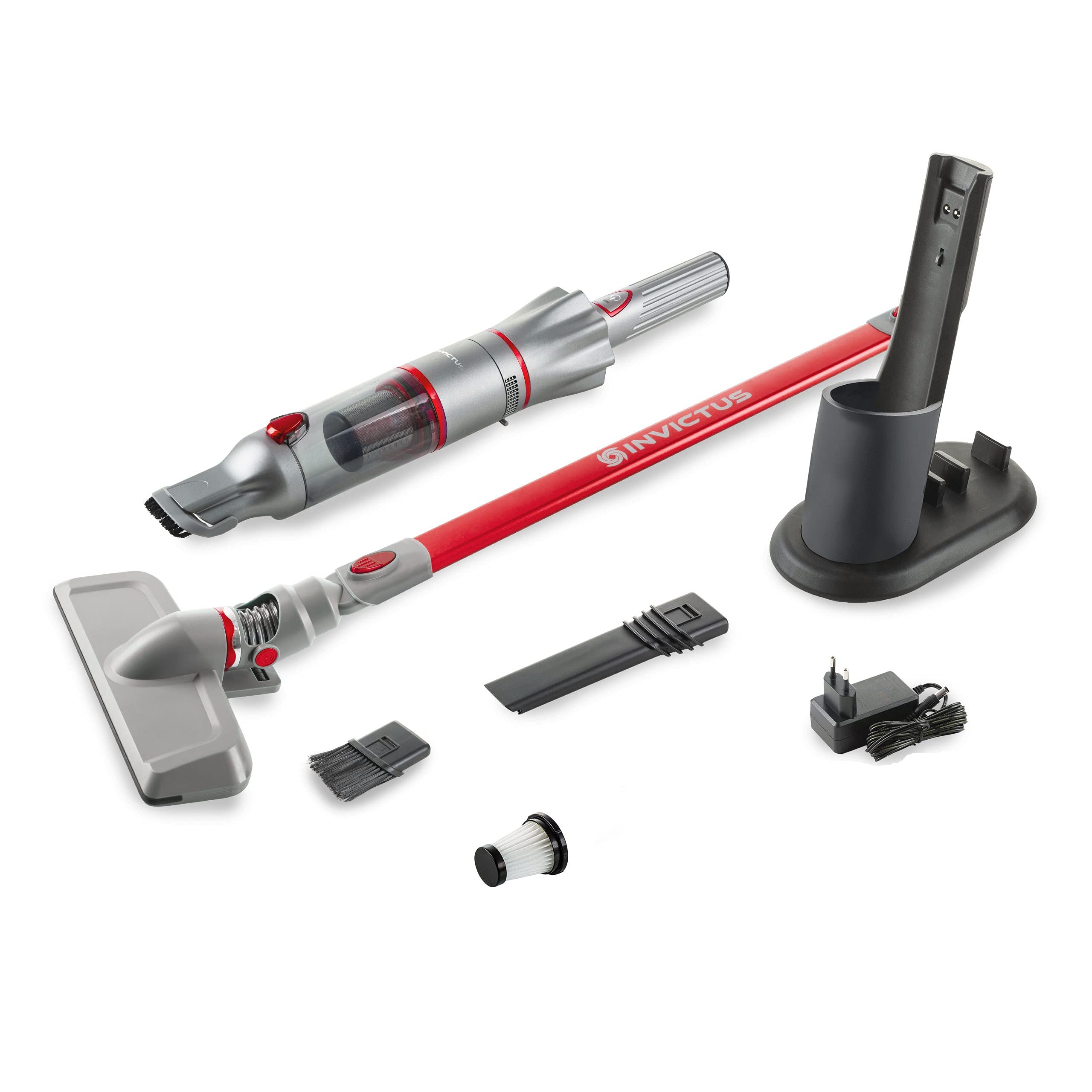 جاروبرقی دستی Genius A82114، Invictus One 2.0 + جاروبرقی کف جاروبرقی 12 تکه قرمز دستی بدون کیسه و شارژی با 13000PA | 2 عدد فیلتر HEPA، باتری لیتیوم یون، نازل شکاف، نازل کف، 90 وات، 76 دسی بل