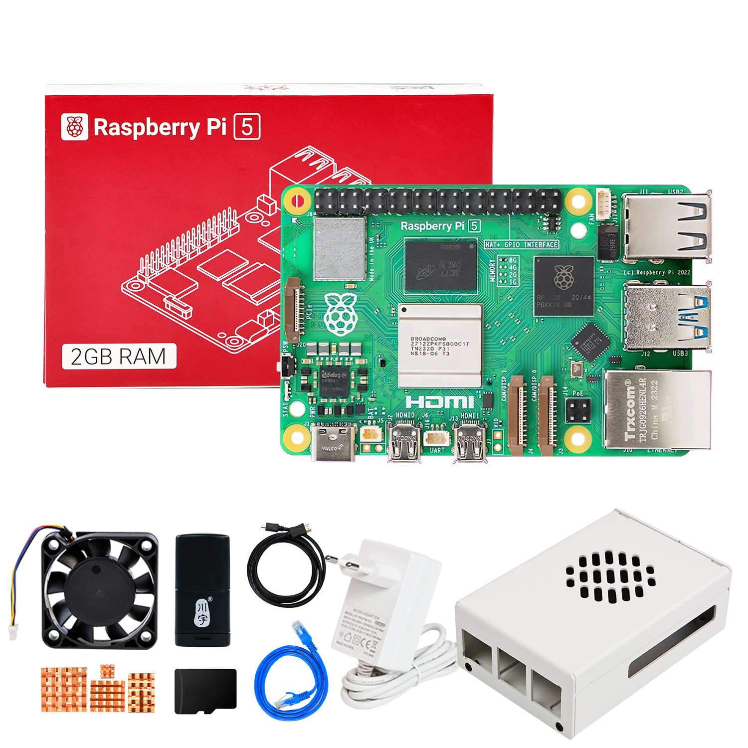 کیت استارت رزبری پای 5 2 گیگابایتی با کارت SD 64 گیگابایتی، خنک کننده غیرفعال قاب آلومینیومی Raspberry Pi 5، منبع تغذیه USB C 27 واتی 5.1 ولتی 5 آمپری، کابل HDMI (کیت کیس فلزی 2 گیگابایتی)
