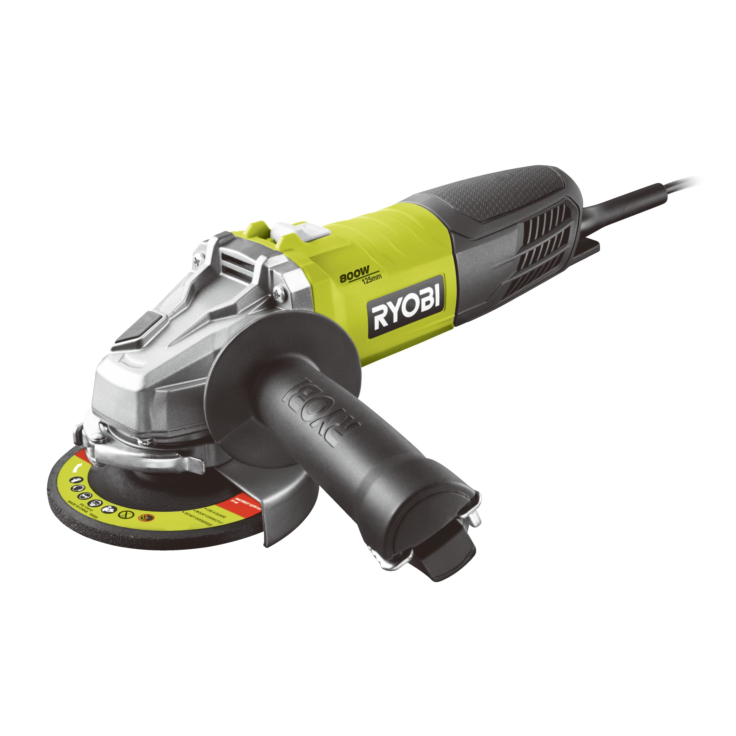 آسیاب زاویه ای RYOBI 125mm 800W RAG800-125G (قفل اسپیندل، تنظیم سریع پوشش محافظ، حفاظت راه اندازی مجدد)، مشکی، سبز