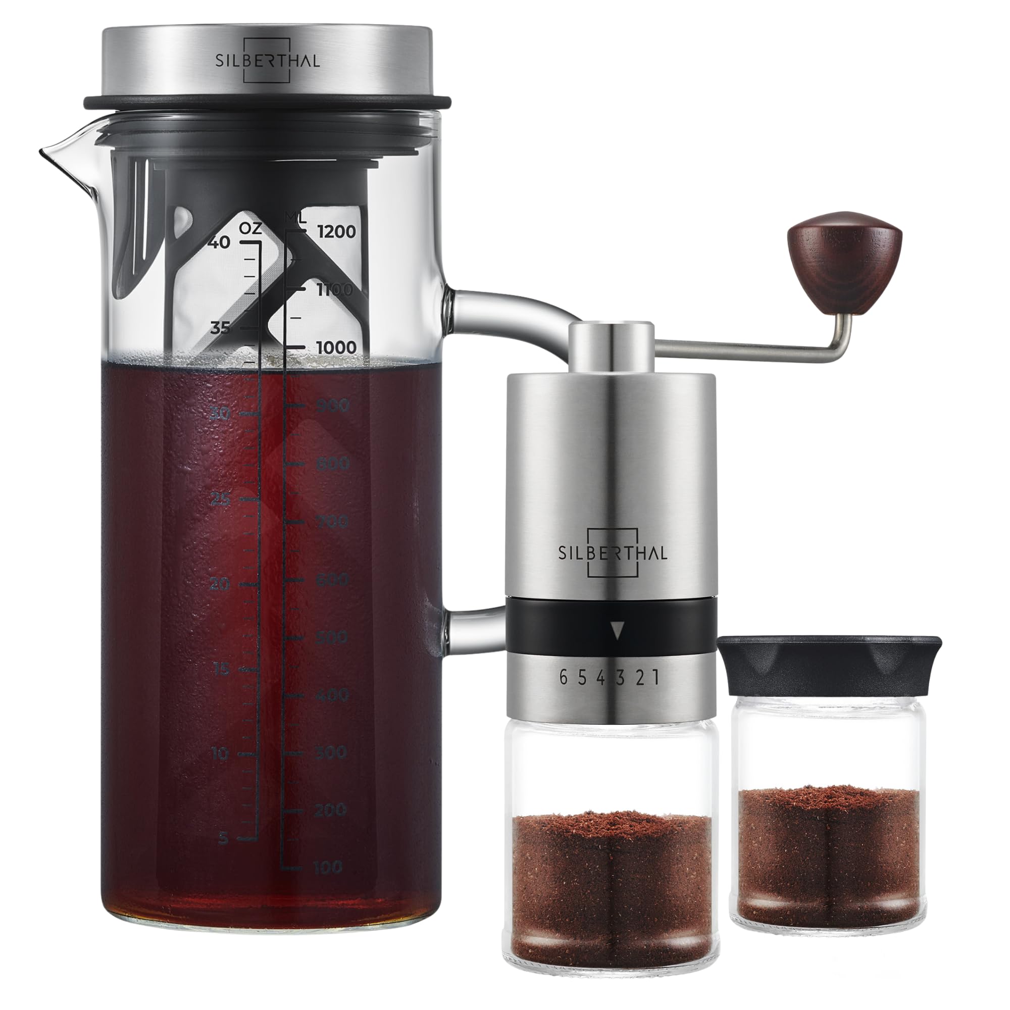آسیاب قهوه دستی و قهوه ساز دم سرد سیلبرتال آلمان مجموعه ای دلپذیر برای دوستداران قهوه در تابستان. آسیاب قهوه با مجموعه دم سرد.