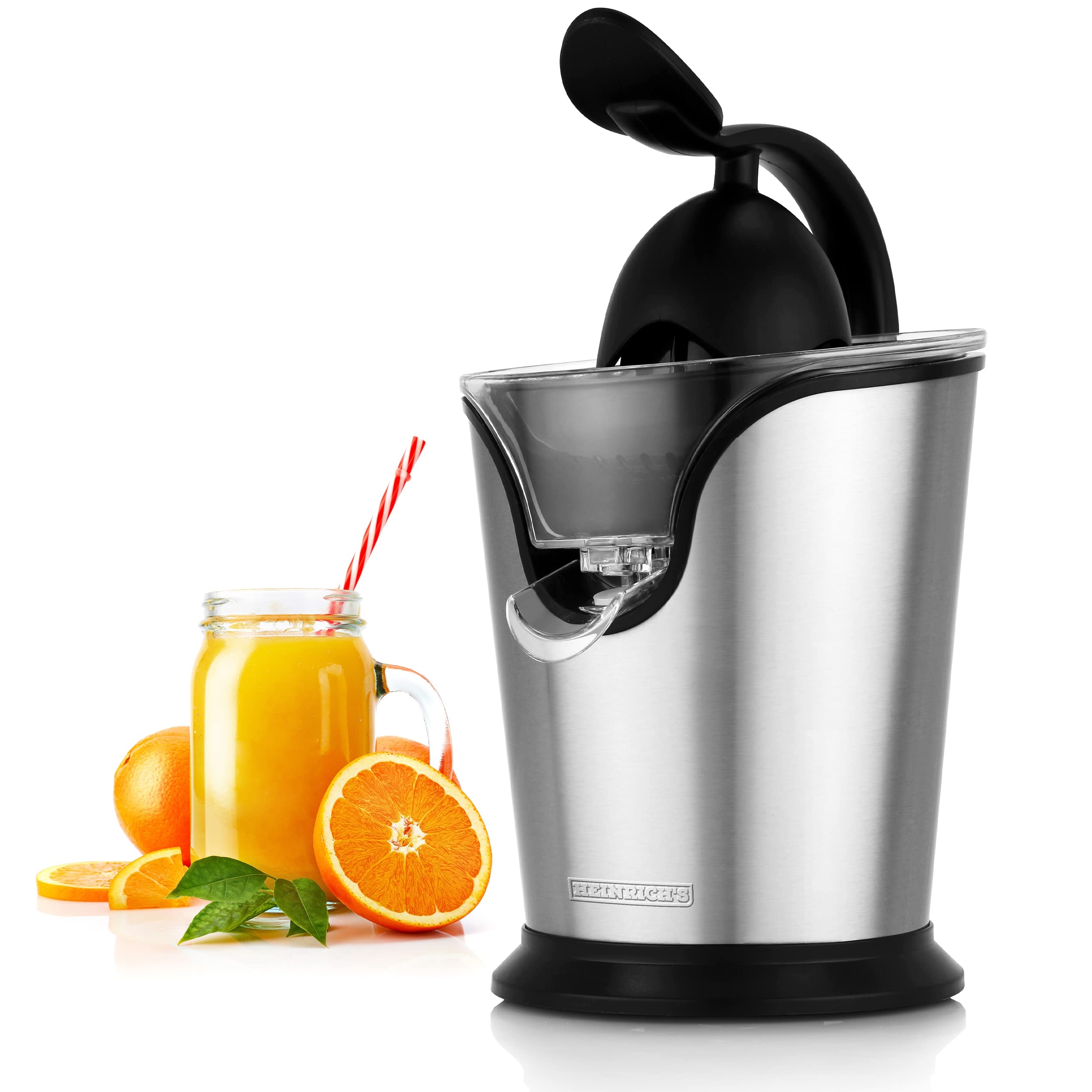 آبمیوه‌گیری مرکبات برقی از جنس استیل ضد زنگ هاینریش، شامل عملکرد توقف جریان، بازوی اهرمی حرفه‌ای، ضد زنگ، اتصال جهانی برای مرکبات، آبمیوه‌گیری انار، ۱۰۰ وات، استیل/مشکی هاینریش