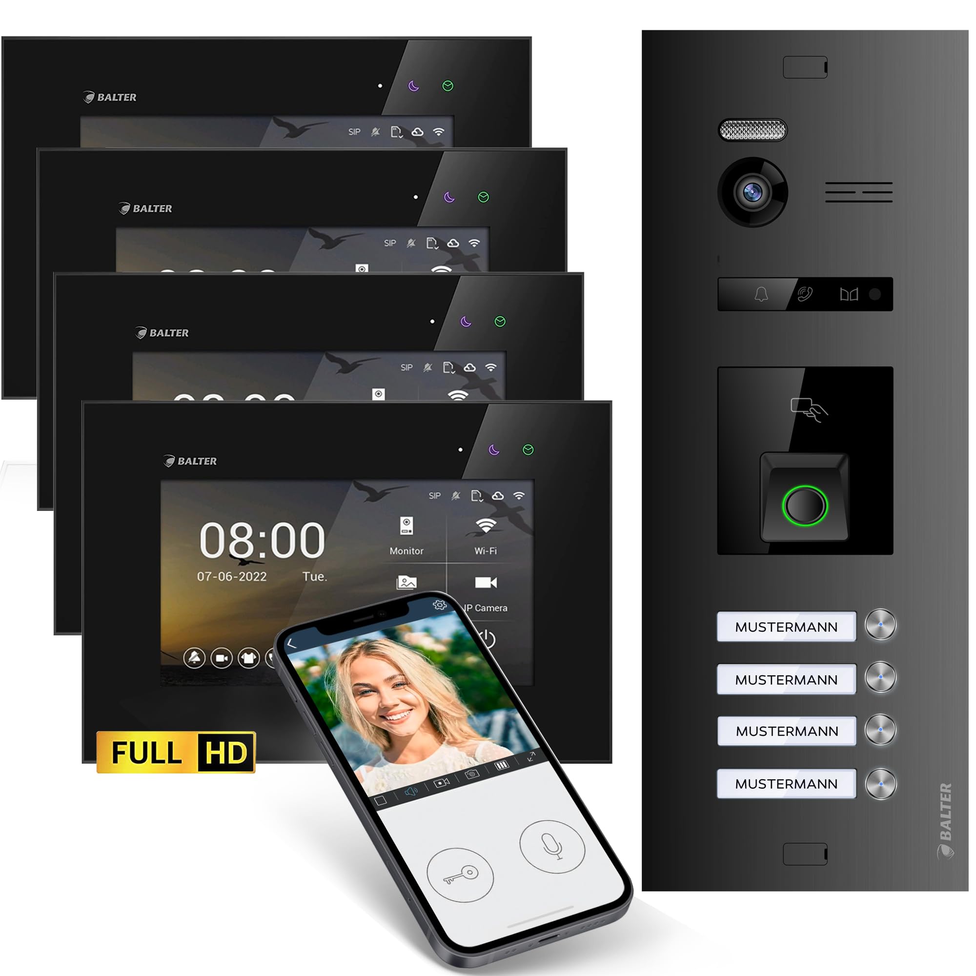اینترکام درب تصویری Balter EVO-HD با حسگر اثر انگشت، زنگ ویدیویی، اپلیکیشن گوشی هوشمند، خانه 4 خانواده، مانیتور 4 x 7 اینچی، زنگ در با دوربین Full HD، اتوبوس 2 سیم، زاویه عریض 175 درجه، RFID، 1080P
