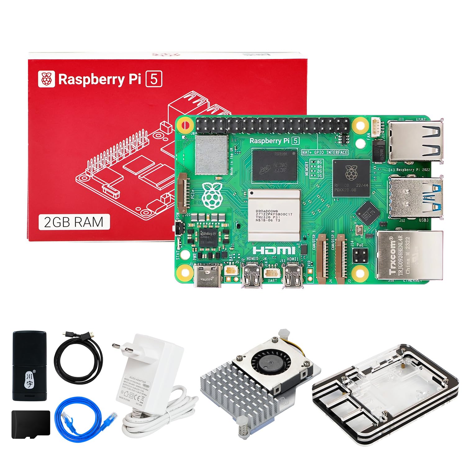 کیت استارتر Raspberry Pi 5 2GB، 64GB کارت SD، Pi 5 Case Official Active Cooling، منبع تغذیه 27W 5.1V 5A USB C، کابل HDMI Ubuntu20.04 ROS2 (2GB-کیت خنک کننده رسمی)