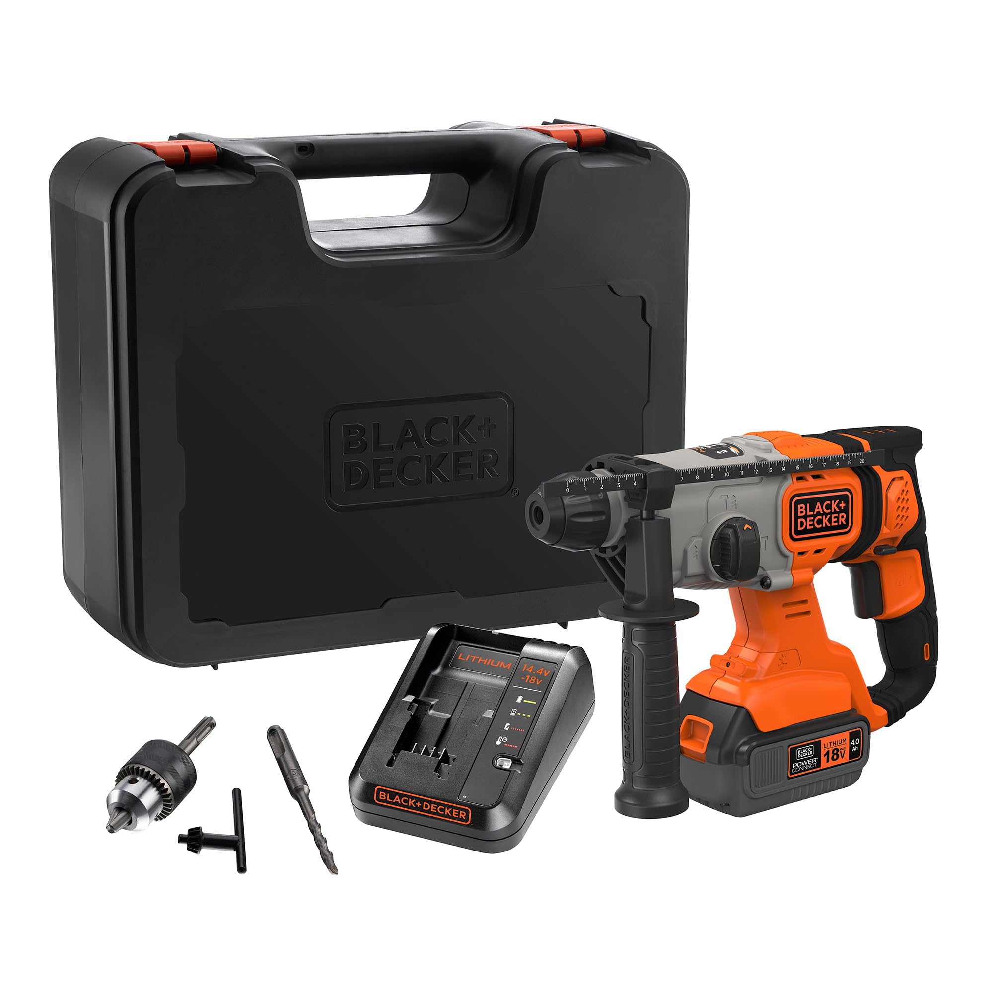 دریل چکشی شارژی BLACK+DECKER 18 V SDS-Plus، باتری 4.0 Ah، 2 A شارژر، جعبه کیت، دسته قابل تنظیم، چراغ LED، BCD900M1K-QW