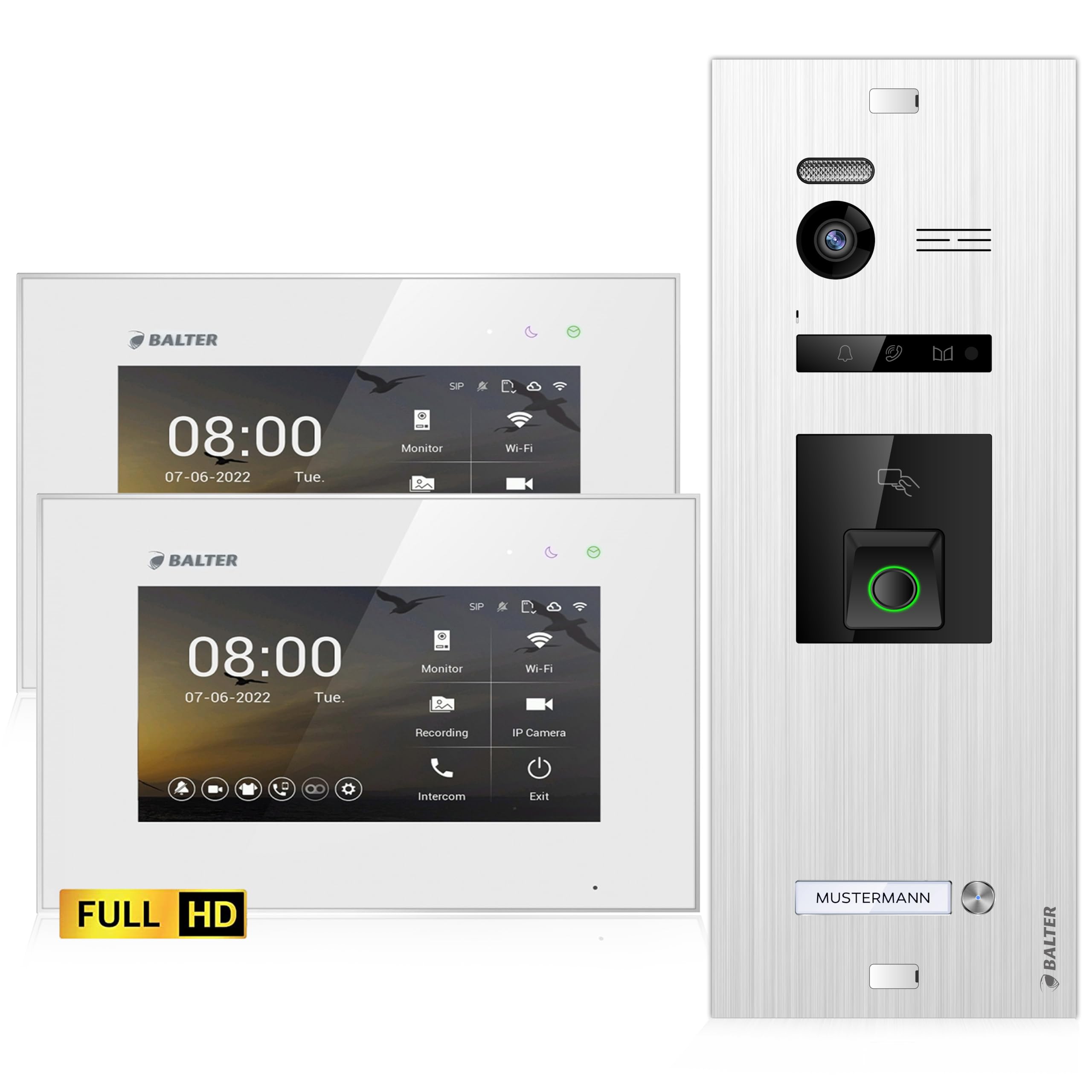 اینترکام درب تصویری Balter EVO-HD با حسگر اثر انگشت، زنگ تصویری، خانه تک‌خانواده، مانیتور 2×7 اینچی، زنگ در با دوربین Full HD، اتوبوس 2 سیم، زاویه عریض 175 درجه، RFID، 1080P