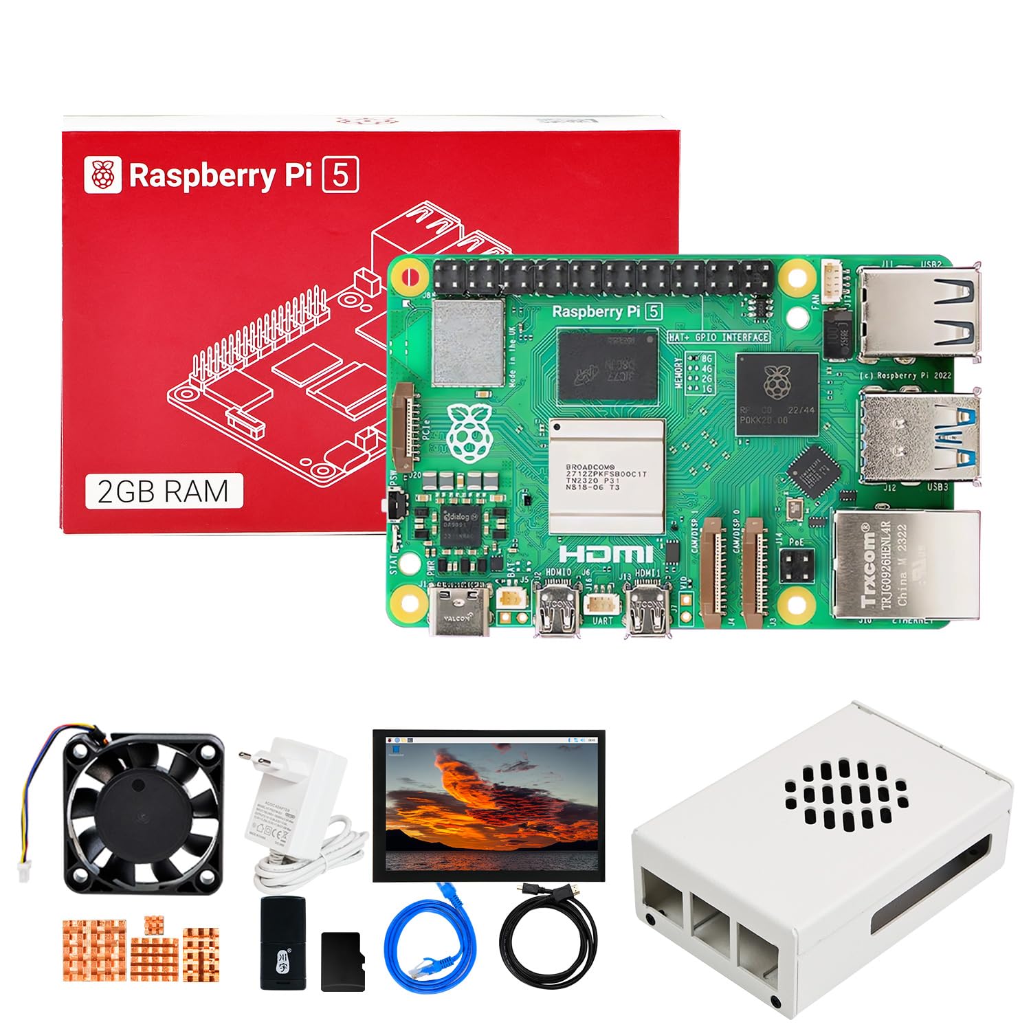 کیت شروع Yahboom Raspberry Pi 5 2GB+HD صفحه نمایش 10.1 اینچی، کیس، آداپتور برق PD 27W، سیستم گرمایشی Ubuntu20.04 ROS2 مناسب برای هوش مصنوعی ربات (2GB-10 در کیت صفحه نمایش)