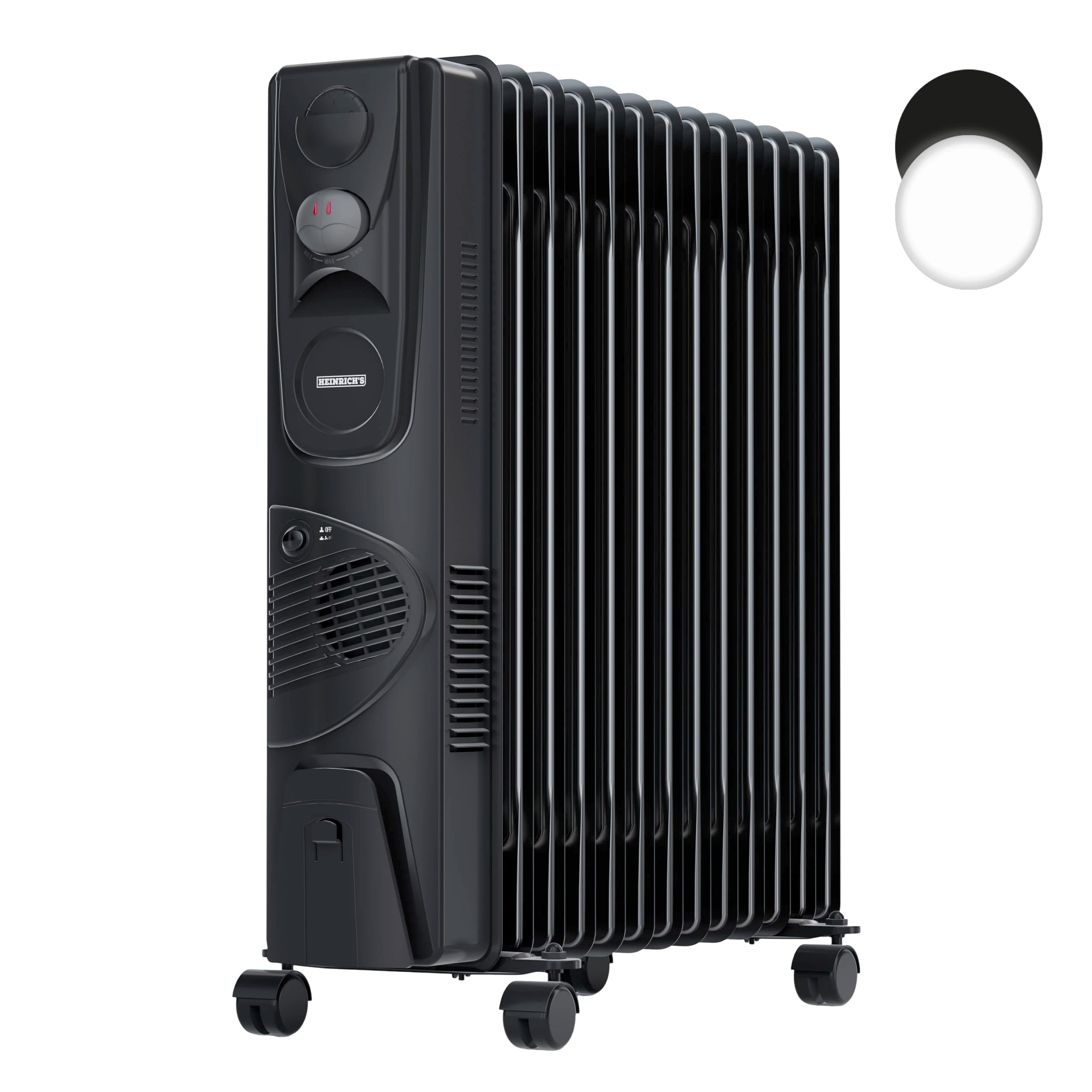 رادیاتور روغنی هاینریش، ۱۳ پره، بخاری برقی با فن، ۳ حالت گرمایش + بخاری فن‌دار ۴۰۰ وات، کنترل ترموستات پله‌ای، محافظت در برابر گرمای بیش از حد، محافظت در برابر واژگونی، جا حوله‌ای، ۲۵۰۰ وات، مشکی، ۱۳ پره