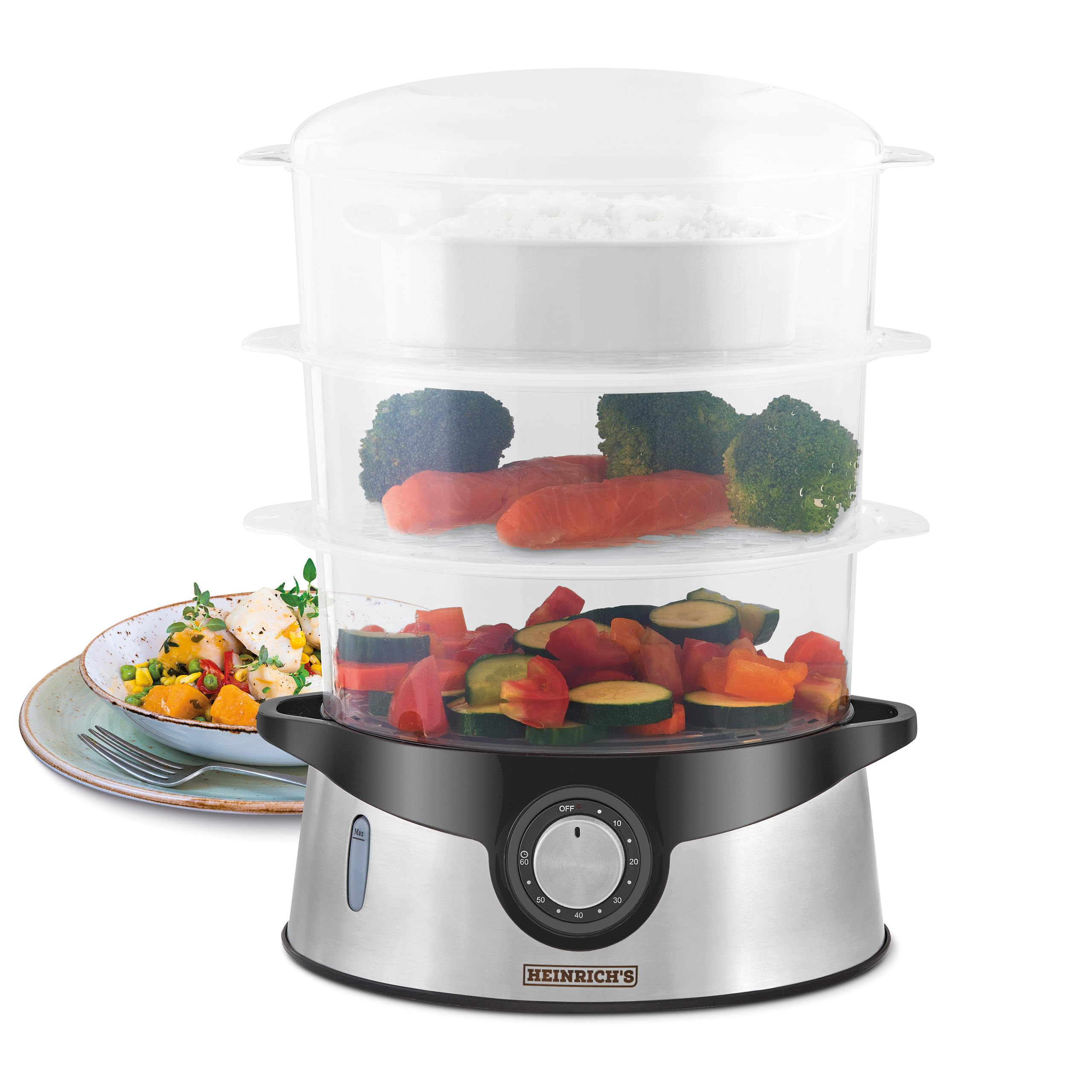بخارپز هاینریش، سینی‌های سه طبقه قابل چیدن روی هم، بدون BPA، قابل شستشو در ماشین ظرفشویی، ظرفیت ۹ لیتر، شامل کاسه برنج/پلوپز، بخارپز با قابلیت تایمر ۰-۶۰ دقیقه‌ای، ۸۰۰ وات، هاینریش