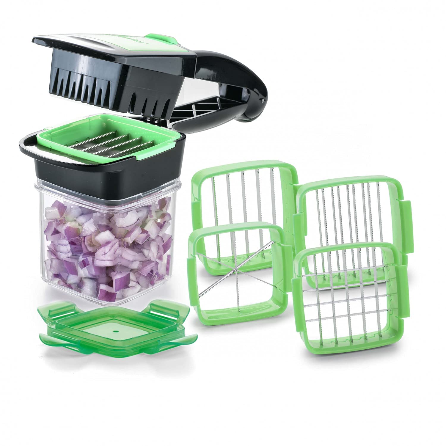 خردکن سریع میوه و سبزیجات Genius Nicer Dicer | مولتی برش 5 در 1 با تیغه های قابل تعویض | 30 مکعب یا 10 برش با یک کلیک (سبز)، فولاد ضد زنگ، 8 x 12 x 21