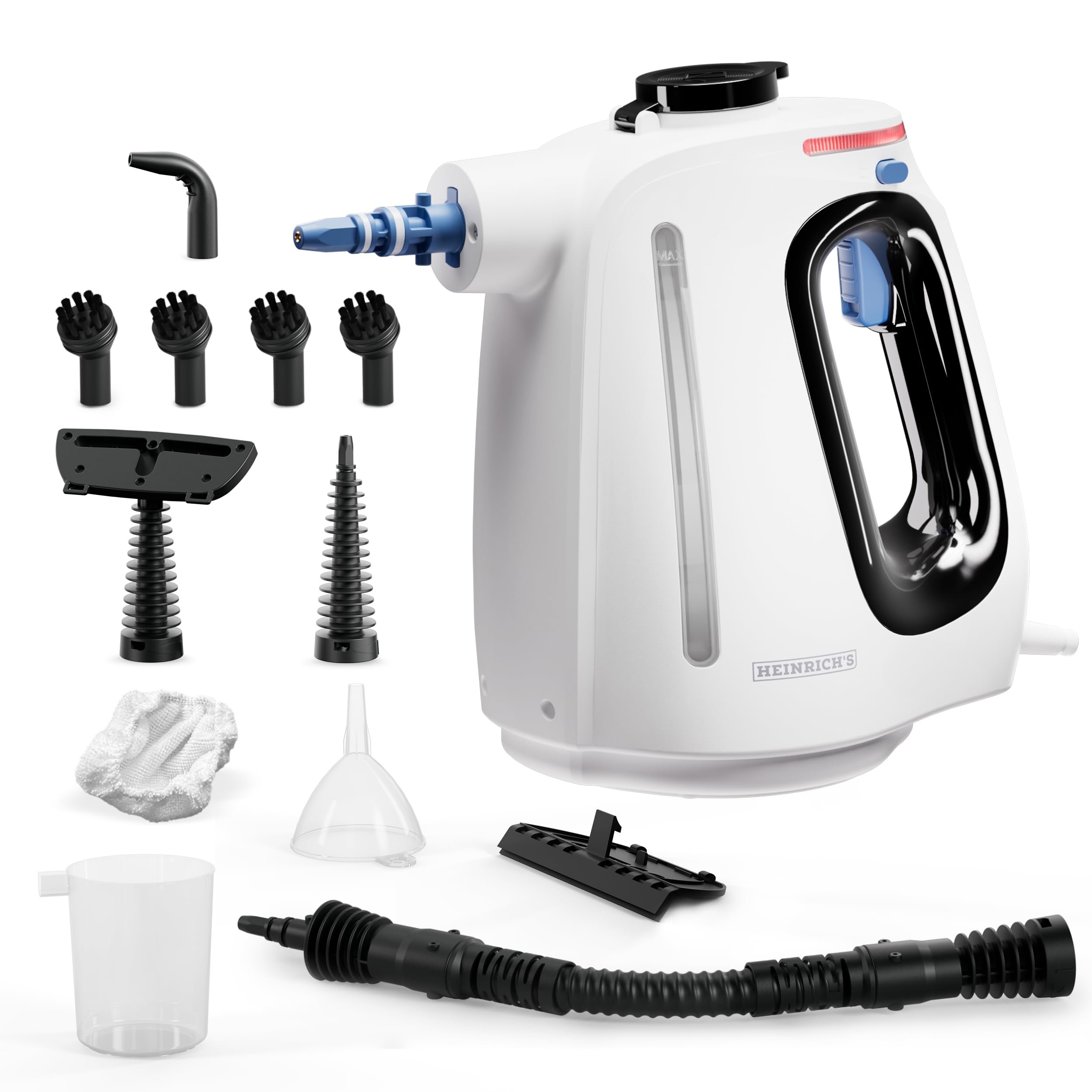 بخارشوی HEINRICHS، بخارشوی دستی برای مصارف خانگی، زمان گرم شدن کوتاه 30 ثانیه، مخزن آب 550 میلی لیتر، فشار بخار 3.0 بار، کابل 5 متر، مناسب برای ماشین، آشپزخانه، حمام، روکش مبلمان، کفپوش، پنجره، 1350 وات HDR 8735