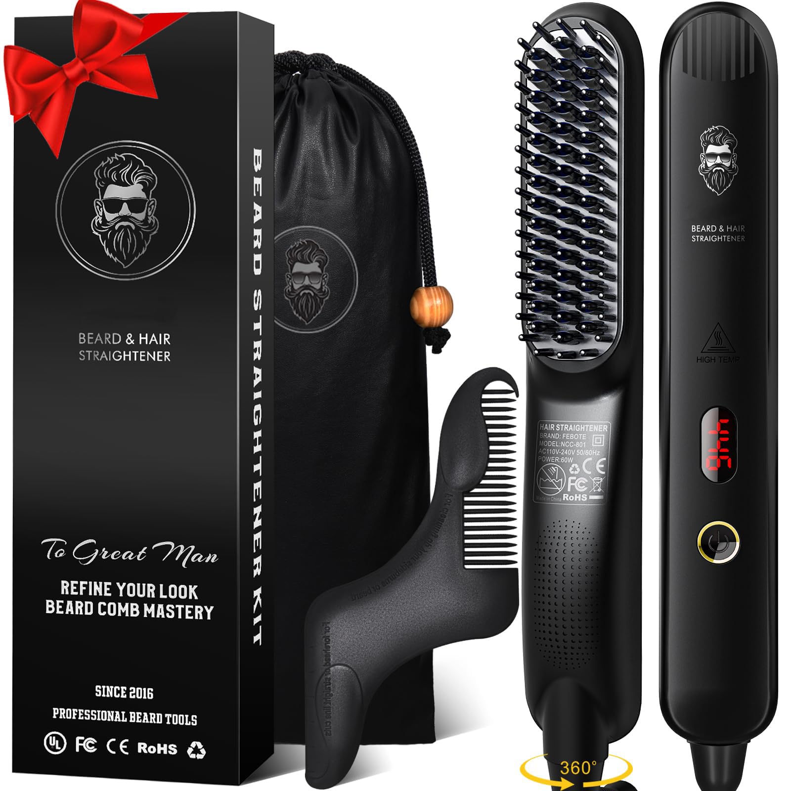 صاف کننده ریش TENTEK مخصوص آقایان، گرمایش فوق سریع، طراحی ضد سوختگی، یون های منفی، برس صاف کننده یونی، برس حالت دهنده با دمای قابل تنظیم، شانه برقی - مشکی