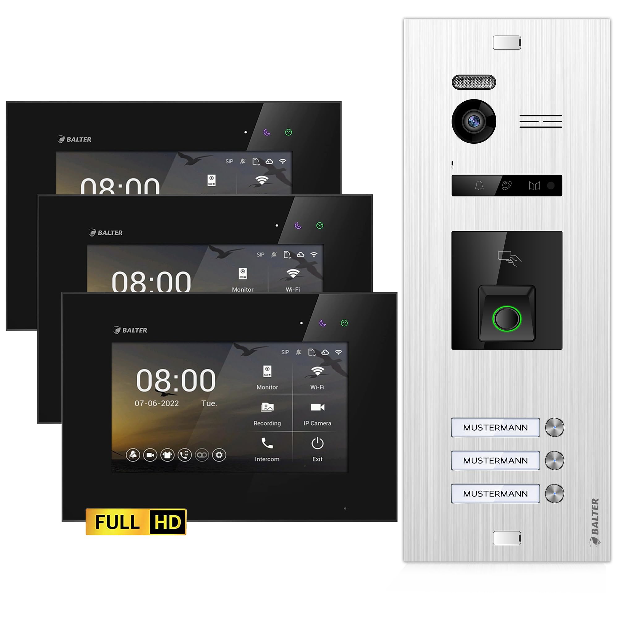 اینترکام درب تصویری Balter EVO-HD با حسگر اثر انگشت، زنگ ویدیویی، خانه 3 خانواده، مانیتور 2×7 اینچی، زنگ در با دوربین Full HD، اتوبوس 2 سیم، زاویه عریض 175 درجه، RFID، 1080P