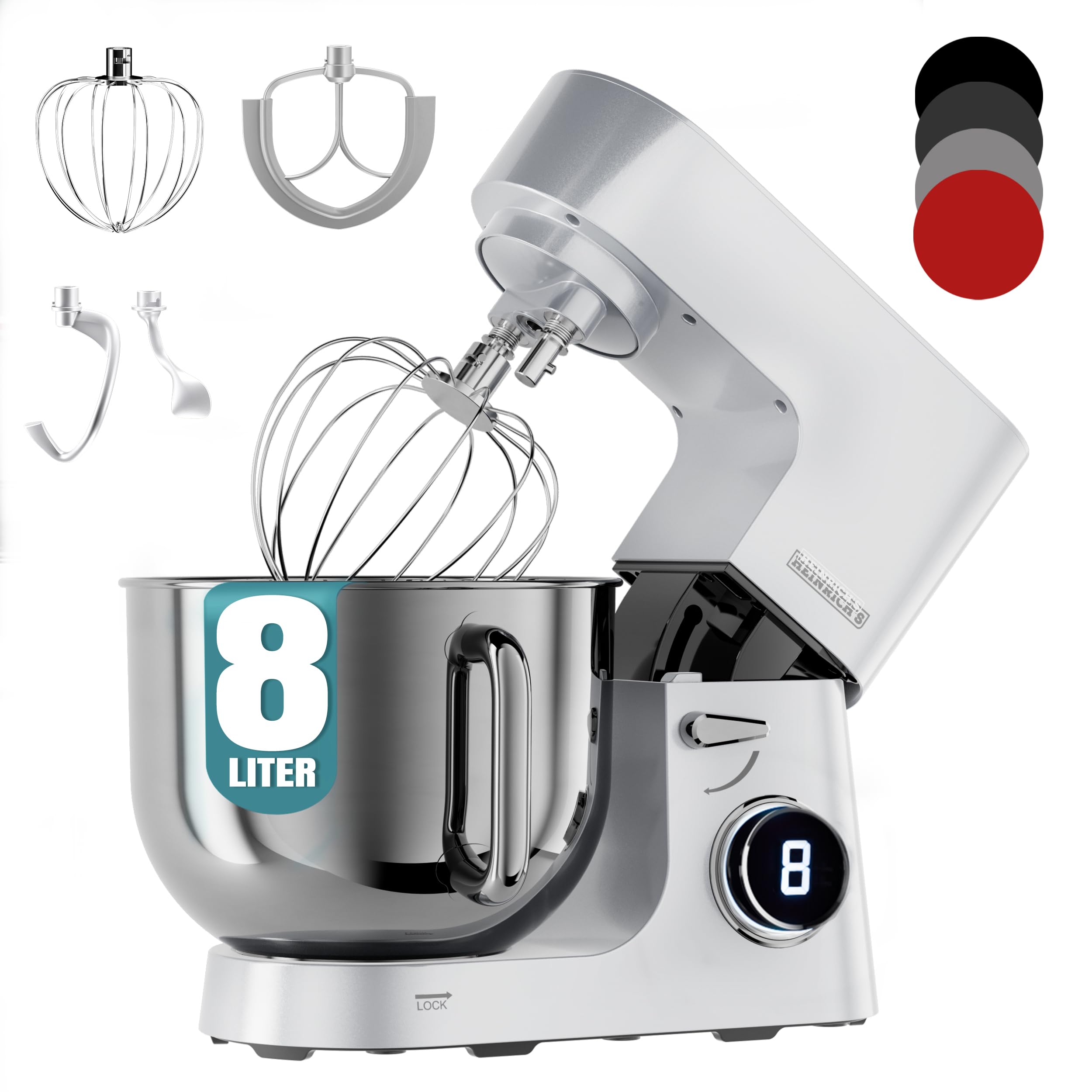 ماشین آشپزخانه هاینریش آلمان دستگاه خمیرزن، خمیرزن، لوازم آشپزخانه ۲۵۰۰ وات، قلاب خمیر دوتایی، قلاب مخلوط کن، همزن، ۸ سرعت قابل تنظیم، کاسه استیل ضد زنگ XXL 8L، کم صدا، نقره ای ستاره ای
