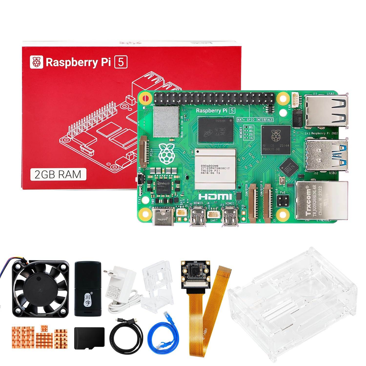 کیت شروع Yahboom Raspberry Pi 5 2GB، دوربین IMX219، کارت SD 64GB، خنک کننده غیرفعال Pi 5 Case، منبع تغذیه 27W 5.1V 5A USB C، کابل HDMI Ubuntu20.04 ROS2 (کیت دوربین 2GB-IMX219)