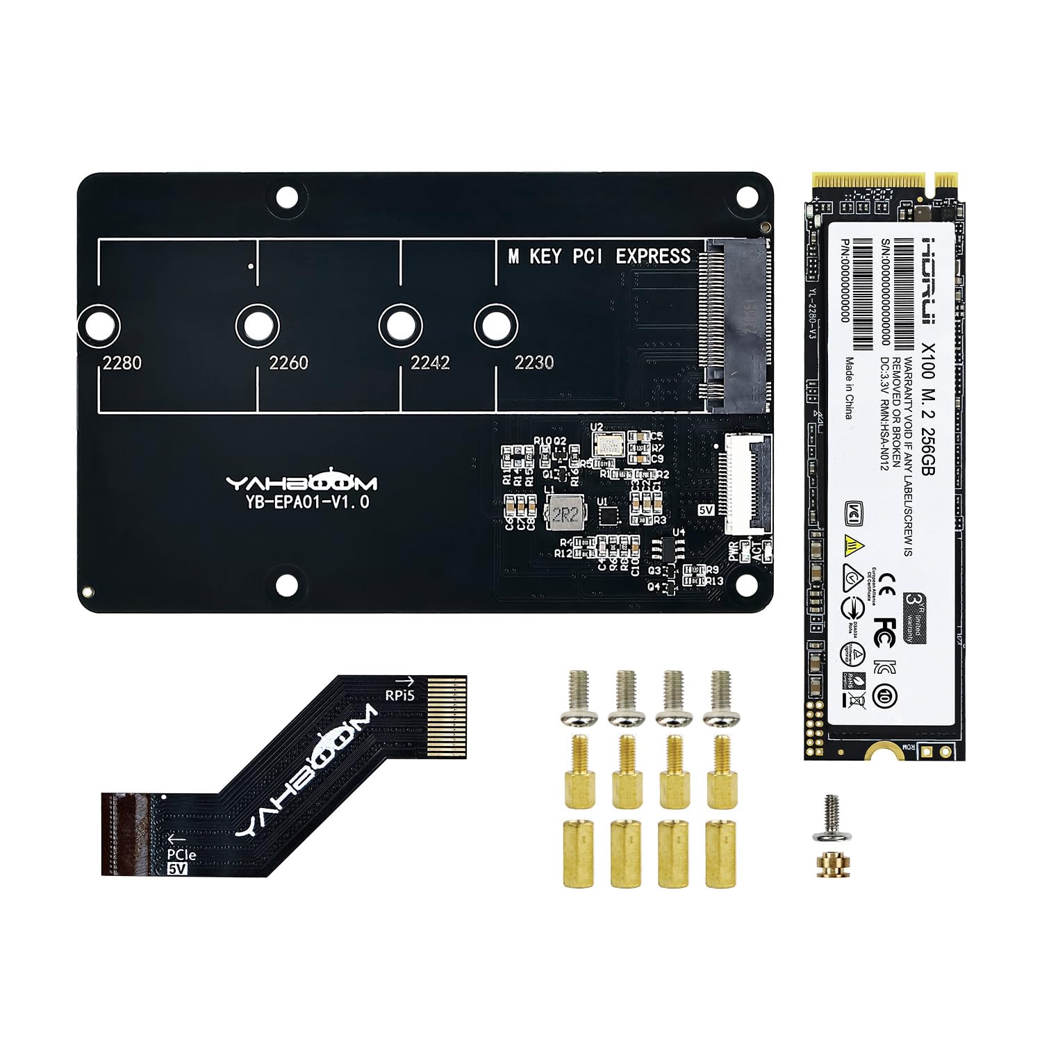 برد آداپتور Yahboom PCIe به M.2، M.2 HAT+، سازگار با RPi 5، پشتیبانی از نصب پروتکل NVMe 2280/2260/2242/2230 M.2 SSD و رادیاتور Pi5 (PCIe to M.2 Adapter + 256GB SSD)