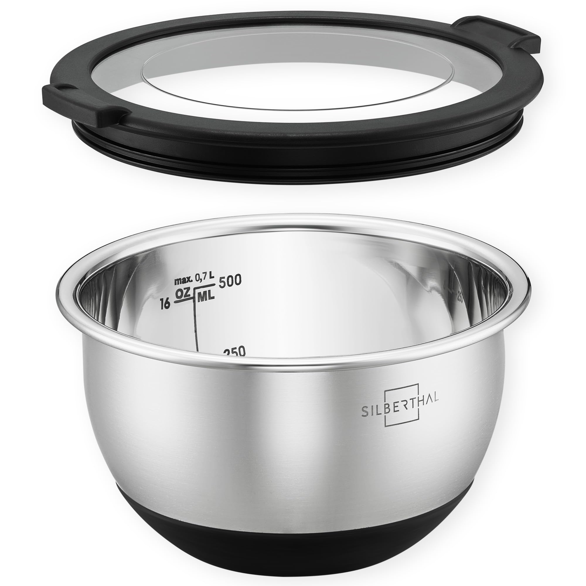 کاسه استیل ضد زنگ سیلبرتال آلمان با درب - کاسه‌های مخلوط کردن 700 میلی‌لیتری برای سرو، پخت و پز، شیرینی‌پزی، نگهداری - پایه ضد لغزش