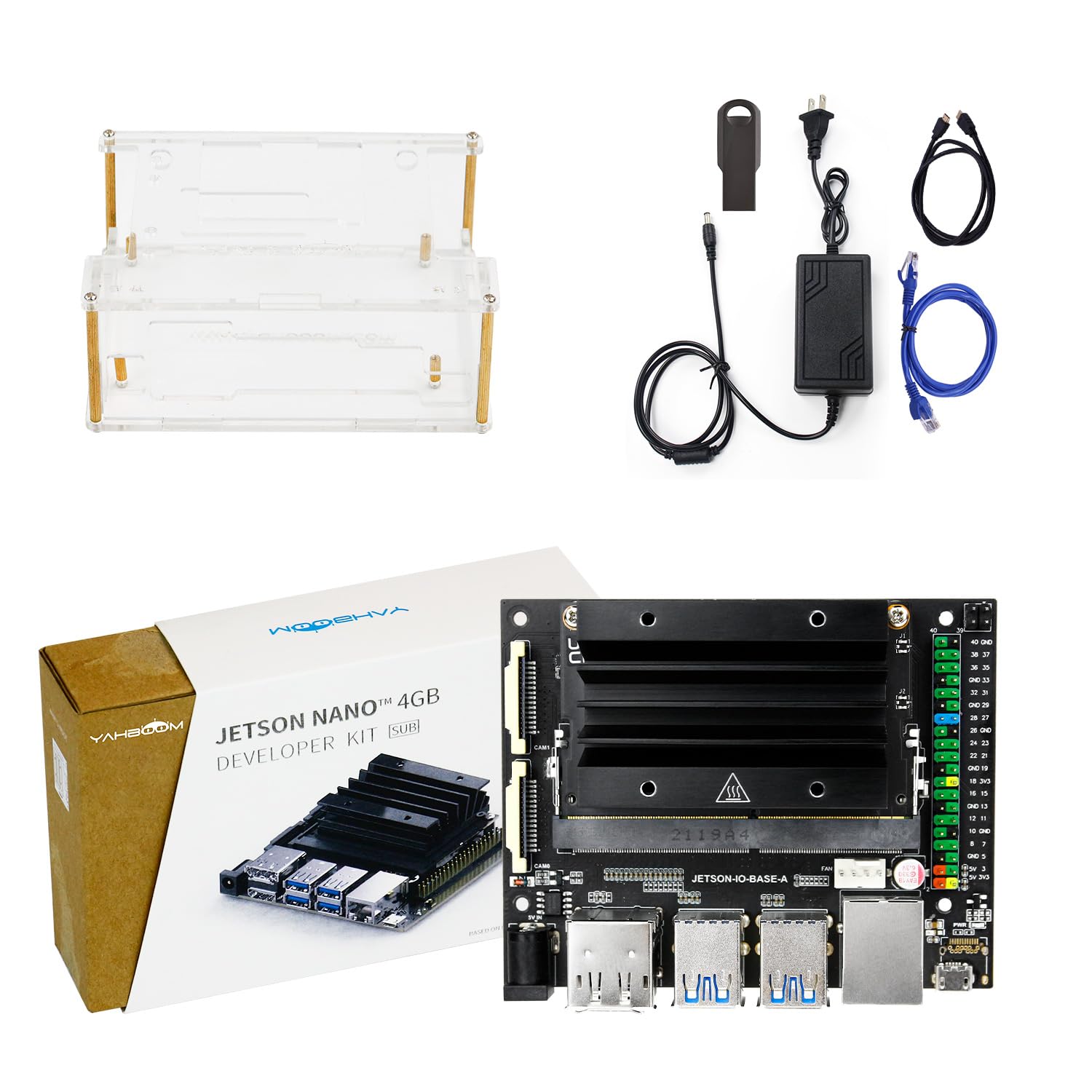 برد توسعه Yahboom Jetson Nano 4GB + قاب اکریلیک (میت فن) + آداپتور برق + کابل HDMI + کابل LAN + 64 گیگابایت درایو فلش USB 16 گیگابایت حافظه eMMC داده‌های اوبونتو را برنامه‌نویسی می‌کند (کیت توسعه)