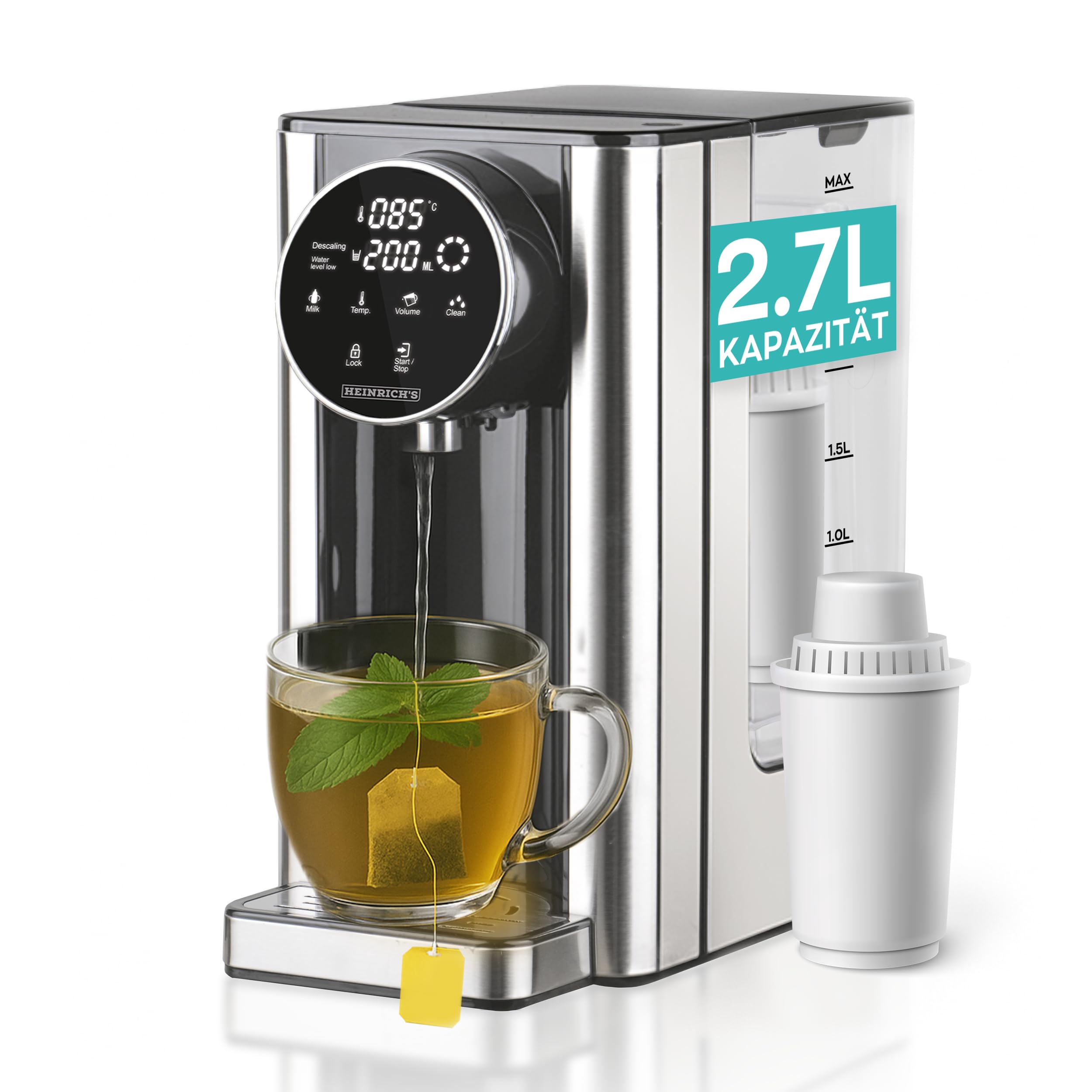 آب سردکن هاینریش - آب گرم با لمس یک دکمه بین ۴۰ تا ۱۰۰ درجه سانتیگراد، حجم آب قابل انتخاب از ۱۰۰ تا ۴۰۰ میلی لیتر، مناسب برای غذای کودک، شامل عملکرد تمیز کردن + فیلتر، صفحه نمایش لمسی، ۲.۷