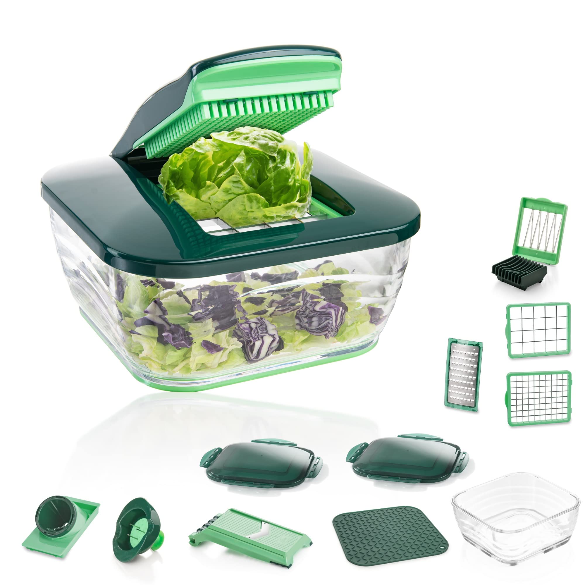 سبزی خرد کن Genius Nicer Dicer Chef (18 تکه) با کاسه شیشه ای و برش گوجه فرنگی و سبزیجات از تلویزیون - خردکن، میوه خوری، پیاز خرد کن، کاتر مارپیچ، سبز نعنایی