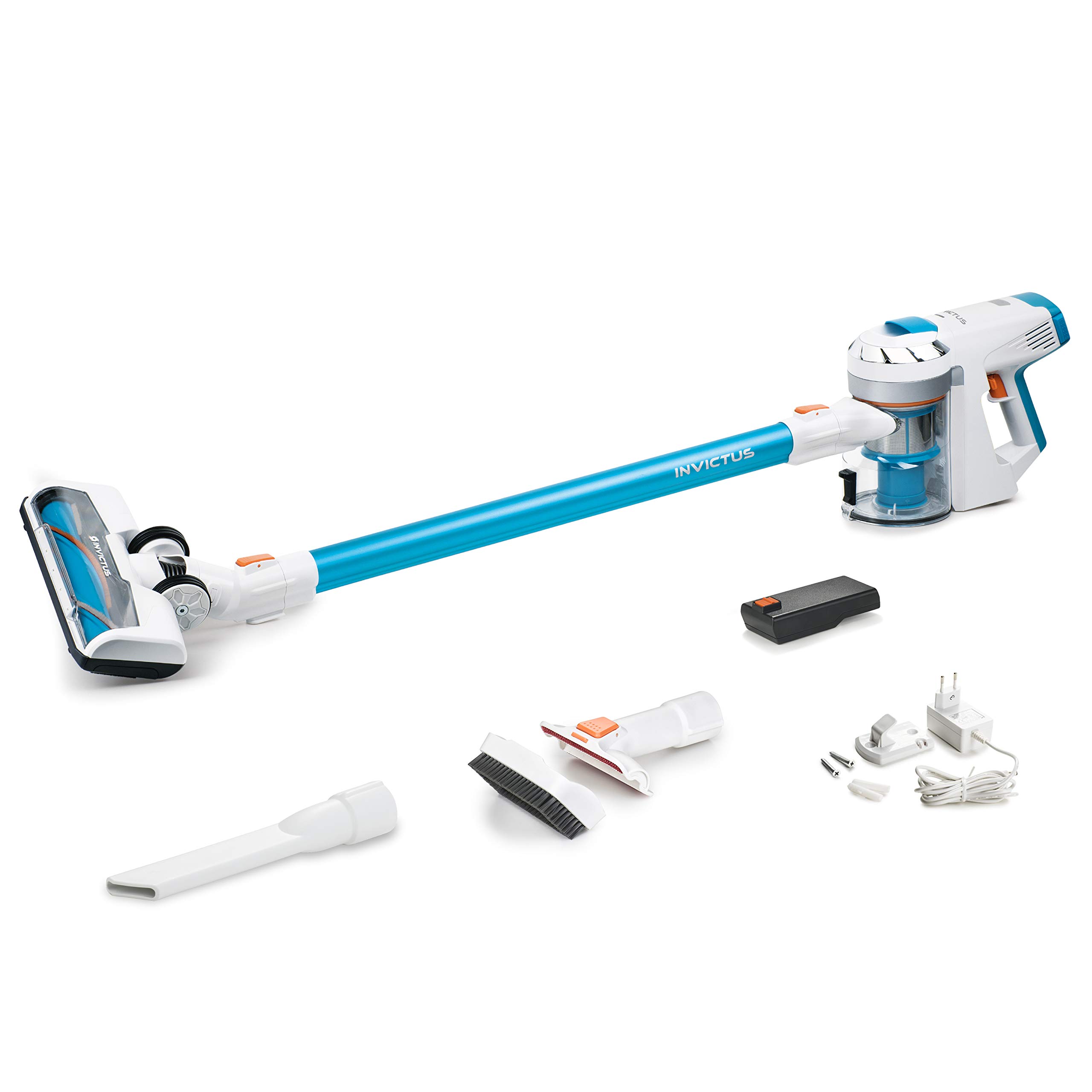 جارو شارژی Genius Invictus X7 (13 قسمت) جاروبرقی 2 در 1 بدون کیسه و شارژی با قدرت مکش 380 وات و نورافکن LED یکپارچه، باتری لیتیوم یون (30 دقیقه)، سفید/آبی