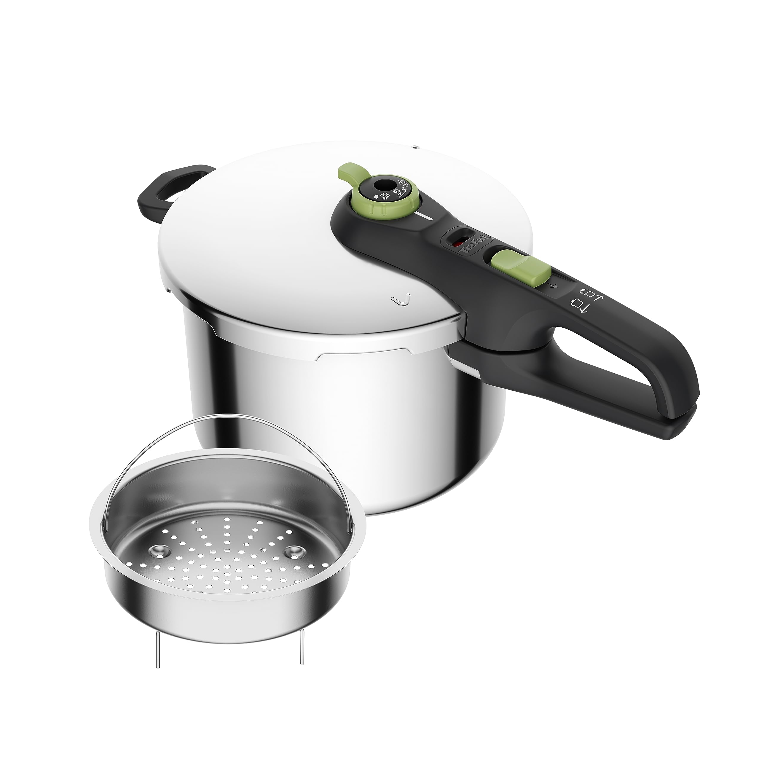 زودپز تفال P2580702 ایمن 6 لیتری با سبد | تنظیم کننده پخت 2 مرحله ای: سطح فشرده 117 درجه سانتی گراد، سطح ملایم 112 درجه سانتی گراد | پایه کپسول القایی | برای انواع اجاق گاز | فولاد ضد زنگ/مشکی/سبز