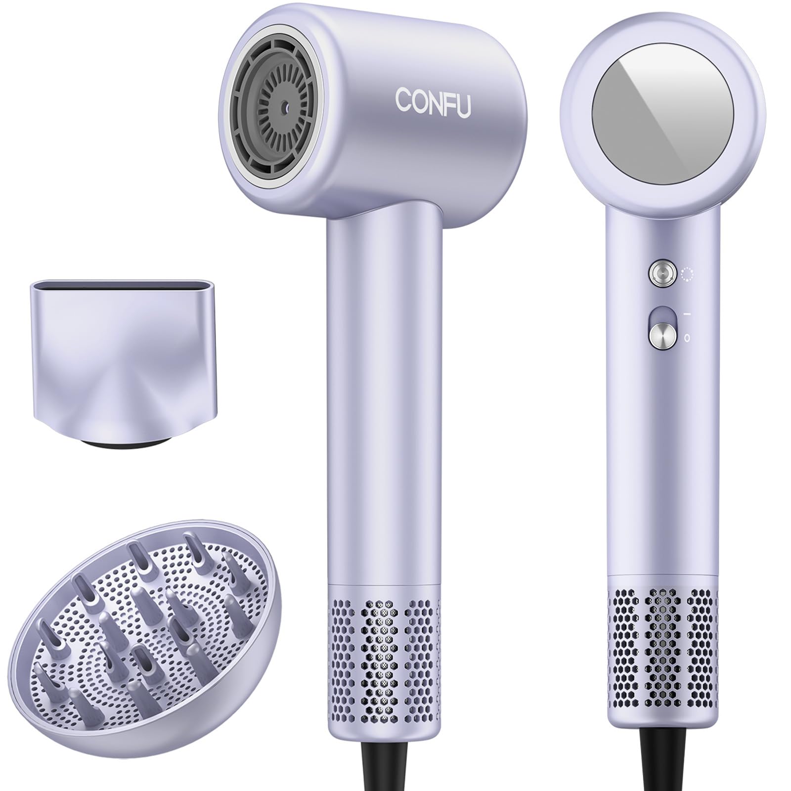 سشوار CONFU، سشوار با ۲۰۰ میلیون یون منفی به همراه پخش‌کننده، سشوار پرسرعت ۱۵۰۰ وات ۱۱۰۰۰۰ دور در دقیقه، پخش‌کننده و متمرکزکننده مغناطیسی کم‌صدا، مناسب برای منزل و سالن، سشوار مسافرتی نقره‌ای