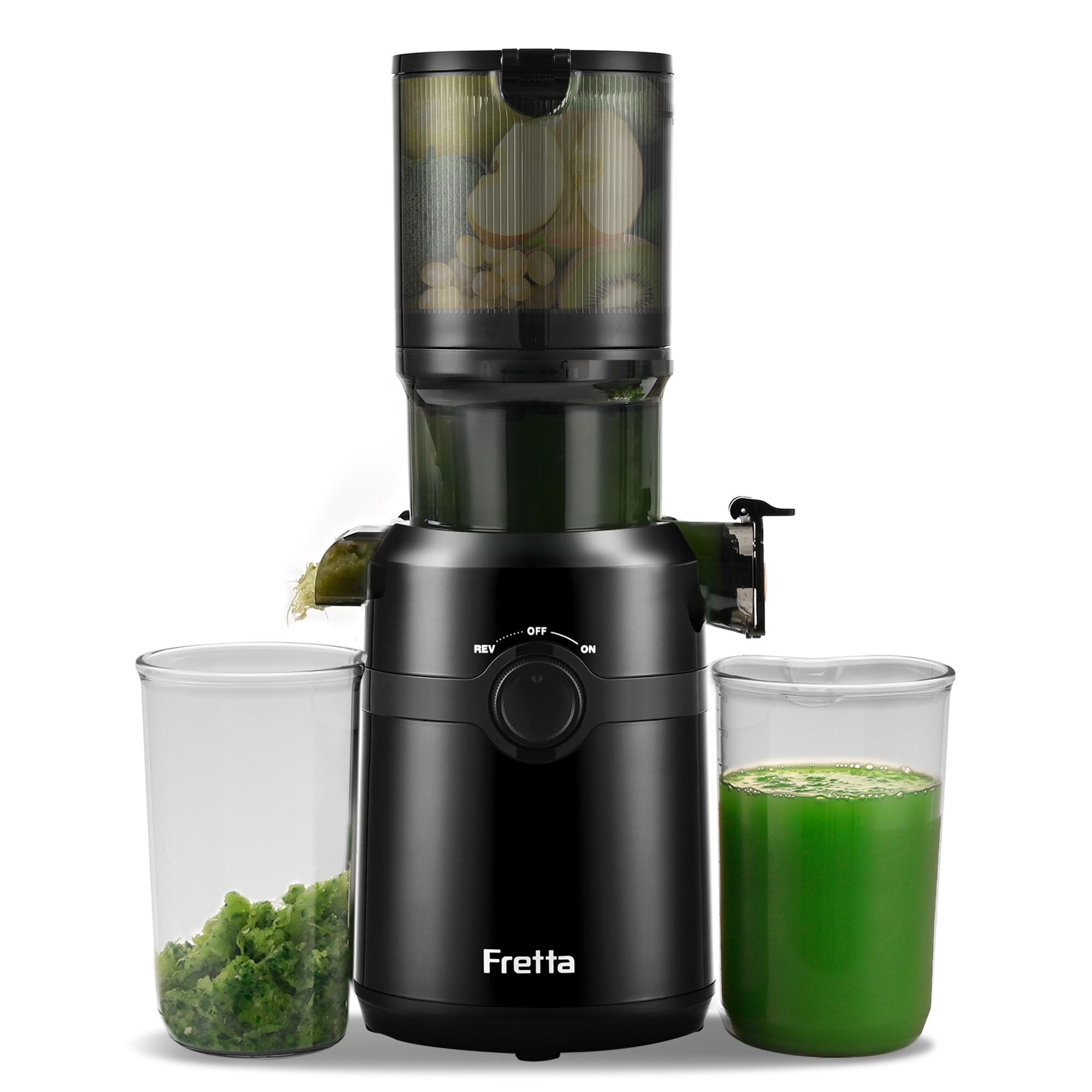 آبمیوه‌گیری آهسته Fretta، 200 وات با دهانه ورودی 108 میلی‌متری برای سبزیجات و میوه‌های کامل، جنس Tritan بدون BPA | تمیز کردن آسان (مشکی)