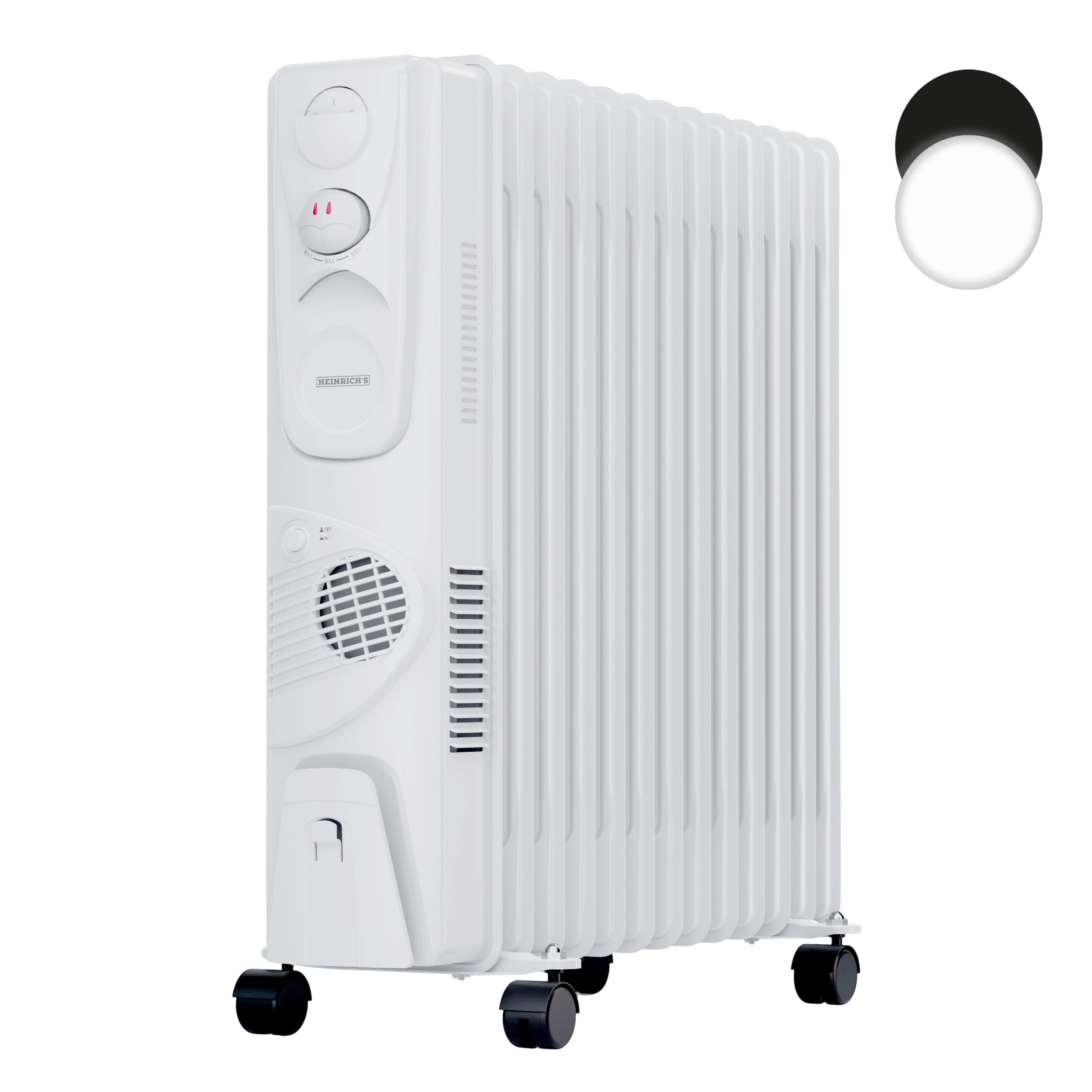 رادیاتور روغنی هاینریش، ۱۳ پره، بخاری برقی با فن، ۳ حالت گرمایش + فن هیتر ۴۰۰ وات، کنترل ترموستات پله‌ای، محافظت در برابر گرمای بیش از حد، محافظت در برابر واژگونی، حوله خشک‌کن، ۲۵۰۰ وات، سفید، ۱۳ پره