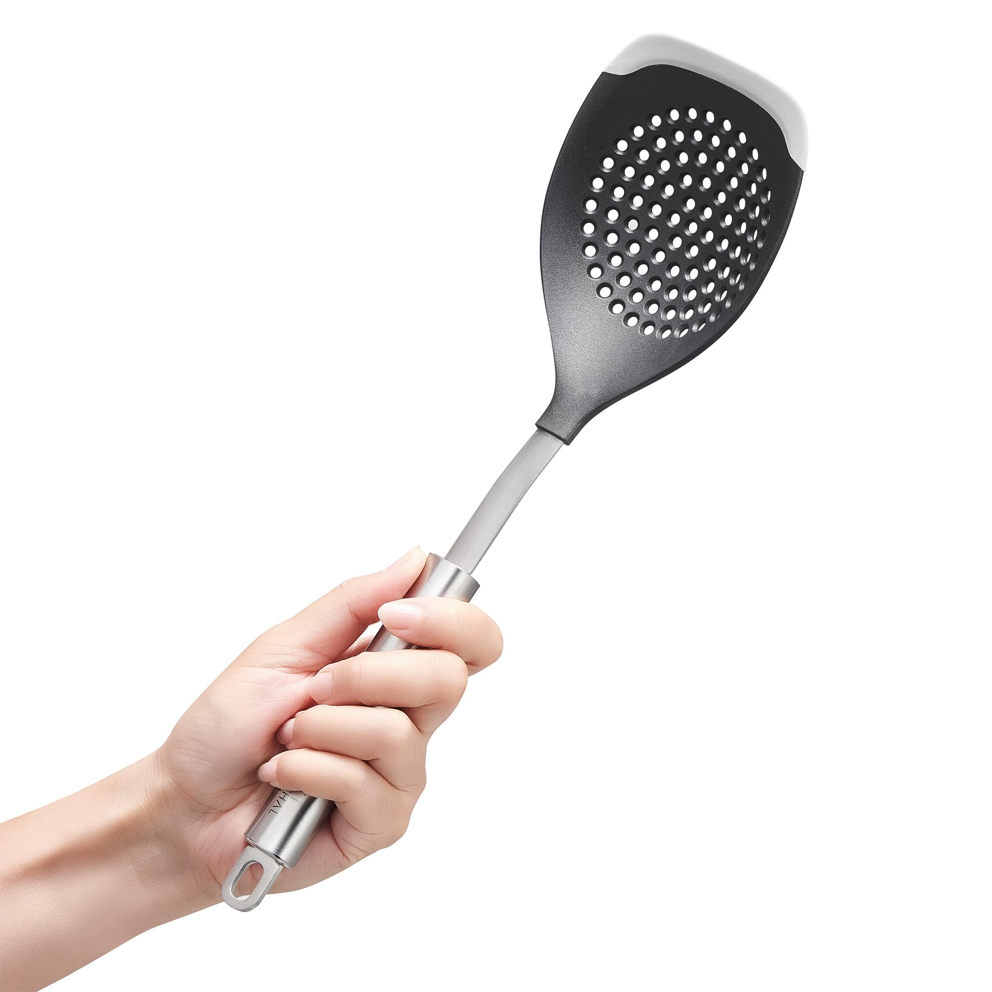 کفگیر سیلبرتال آلمان با دسته استیل ضد زنگ و سیلیکون - قاشق شیاردار ضد زنگ و مقاوم در برابر حرارت - قاشق صافی قابل شستشو در ماشین ظرفشویی