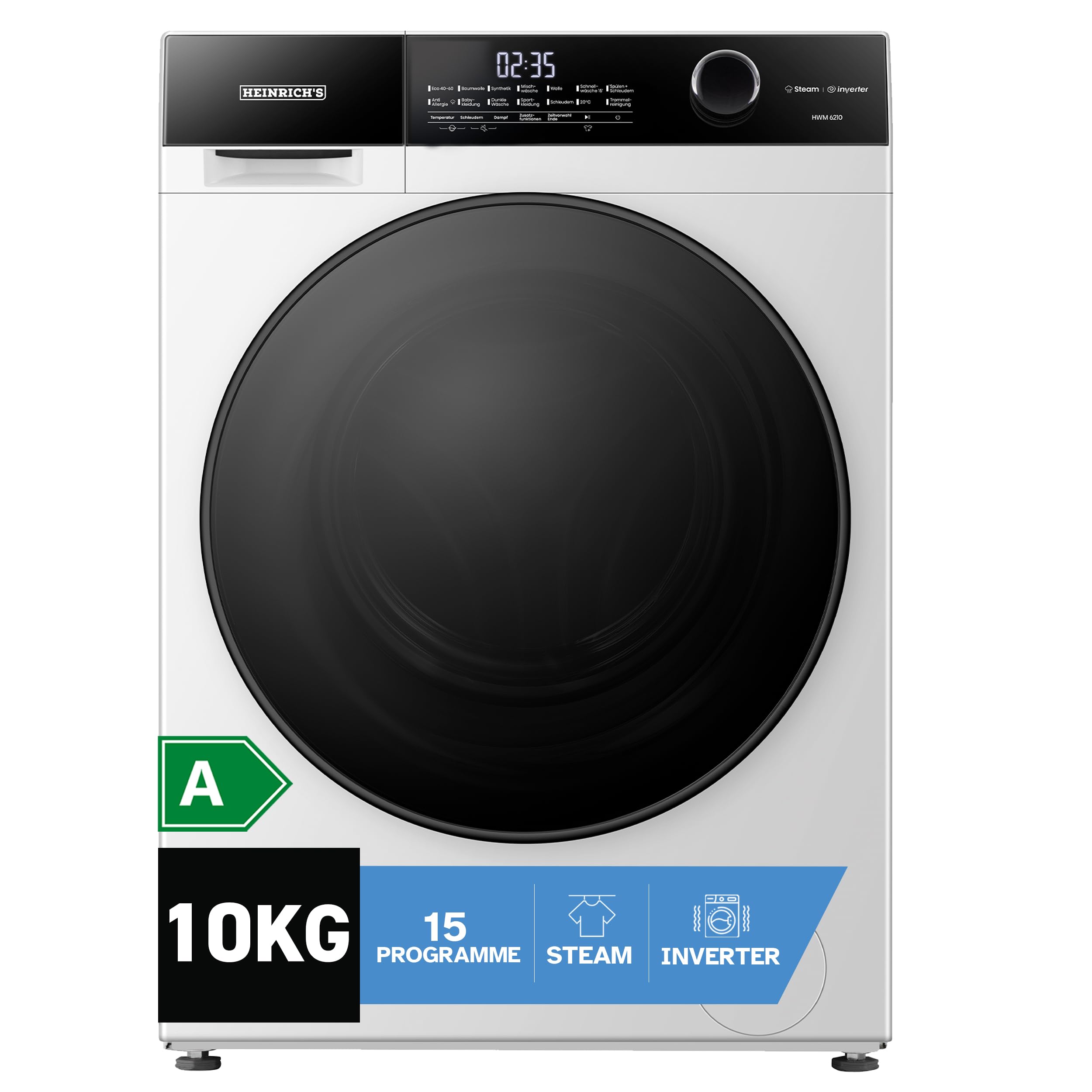ماشین لباسشویی هاینریش آلمان عملکرد بخار، ظرفیت 10 کیلوگرم، 15 برنامه، 1400 دور در دقیقه، سیستم توقف خودکار شستشو (Aqua-Stop)، صفحه نمایش LED، قابلیت پیش انتخاب زمان پایان شستشو، دارای قفل کودک، موتور اینورتر بادوام و بی‌صدا، شیشه آنتراسیت سفید 10 کیلوگرمی