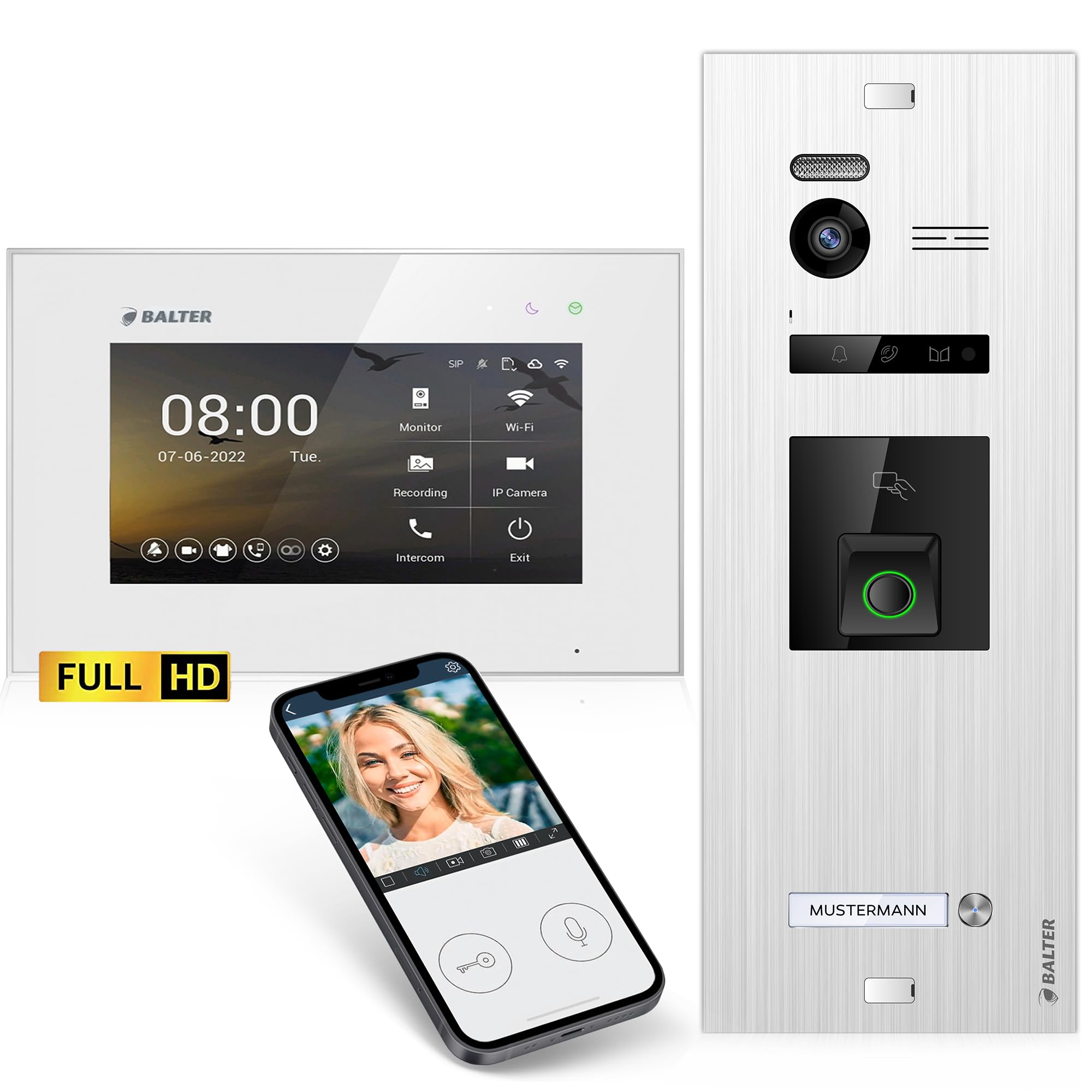 اینترکام درب تصویری Balter EVO-HD با اثر انگشت، زنگ ویدیویی، برنامه گوشی هوشمند، 1 خانه خانوادگی، 1 x مانیتور 7 اینچی، زنگ در با دوربین Full HD، اتوبوس 2 سیم، زاویه عریض 175 درجه، RFID، 1080P