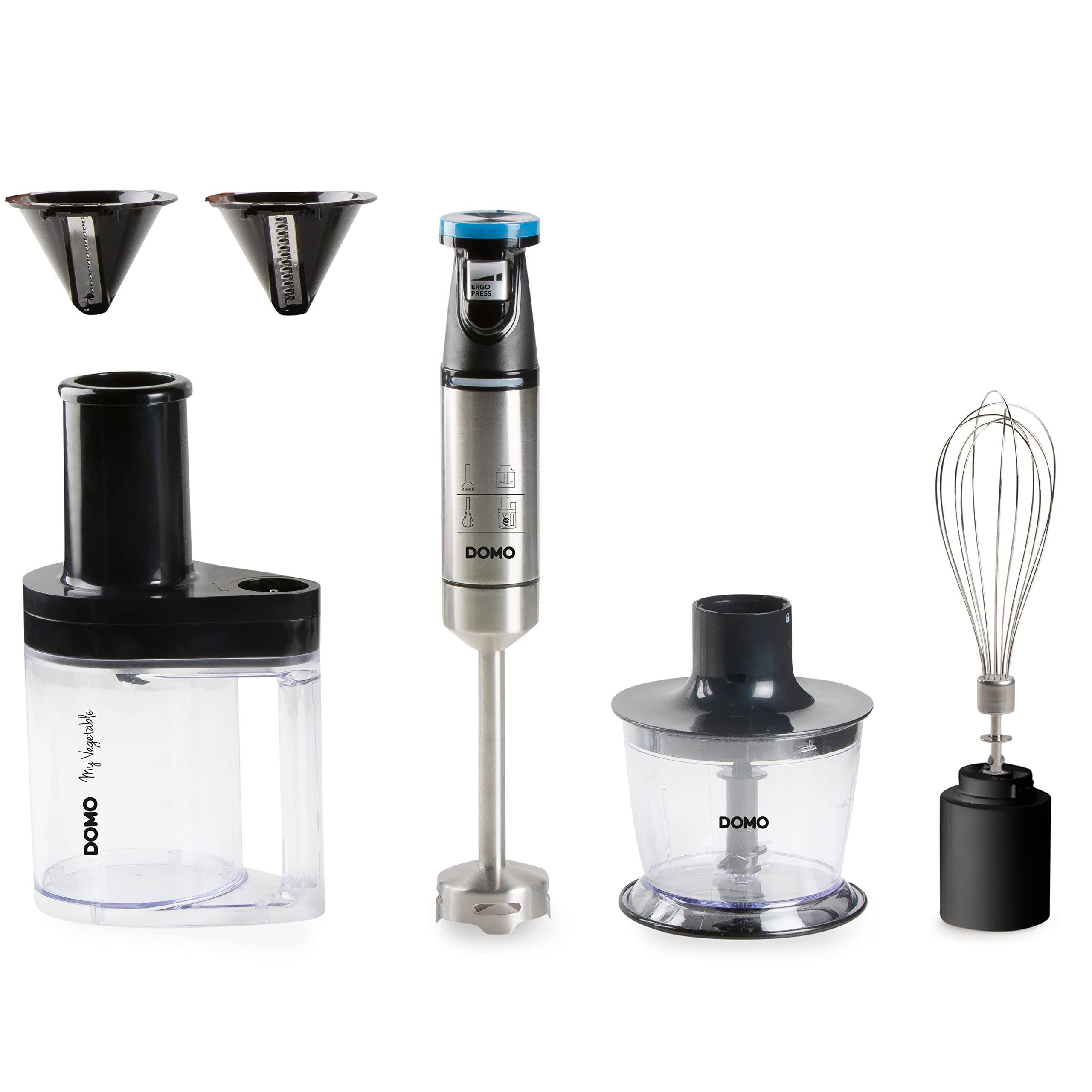 ست مخلوط کن دستی DOMO 4 در 1 - Ergo Press - شامل 4 قطعه: مخلوط کن، همزن، خردکن، مارپیچ زن - 800 وات