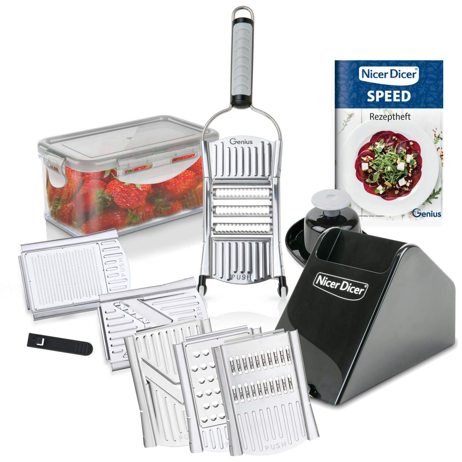 دستگاه برش دستی 13 تکه Genius Nicer Dicer Speed Deluxe - دستگاه برش دستی قابل تنظیم با تیغه V استیل ضد زنگ - کاتر سبزیجات با کاتر جولین نقره ای