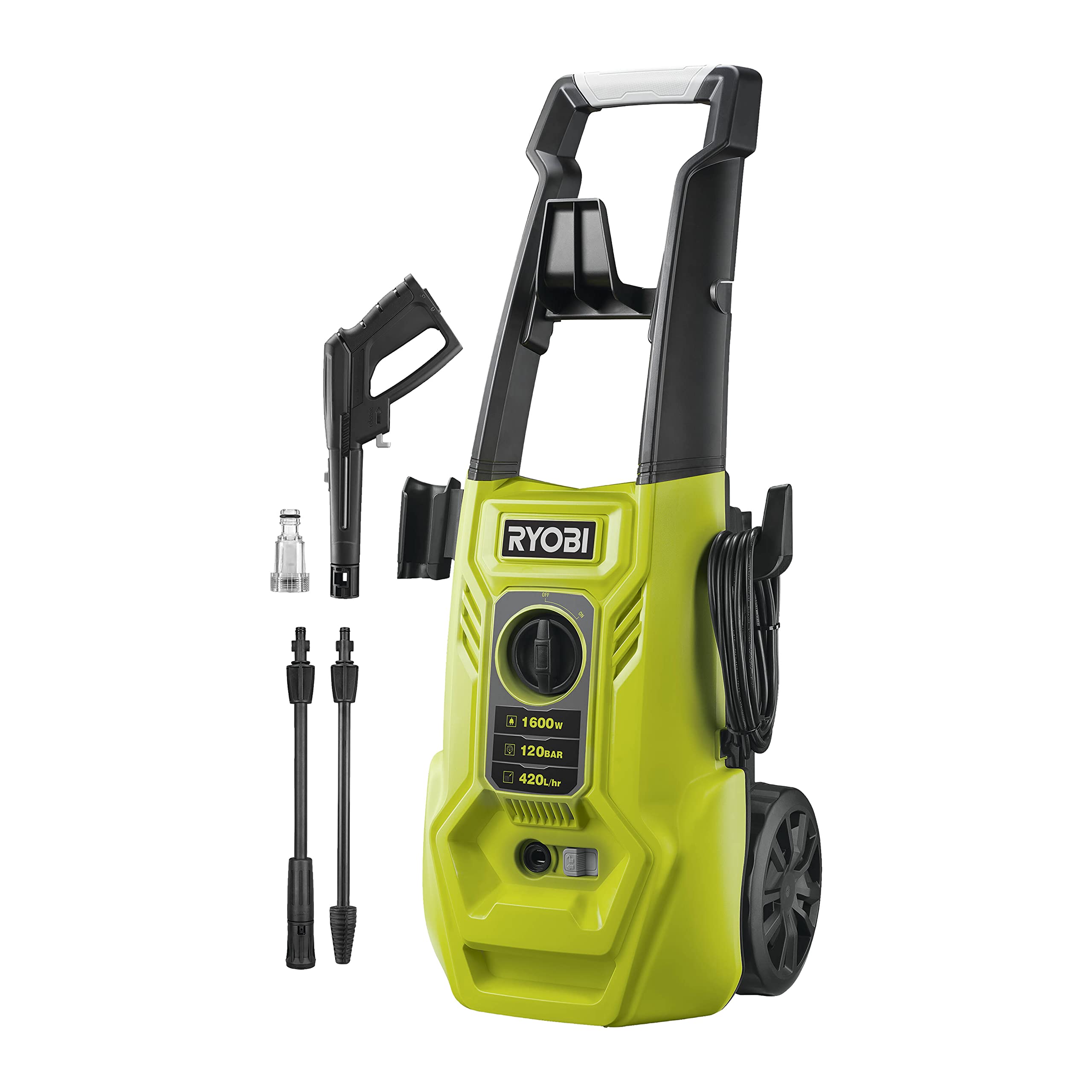 کارواش ریوبی ژاپن RYOBI 1600 W RY120PWA (فشار 120 بار، سرعت جریان 420 لیتر در ساعت، دمای آب 40 درجه، پمپ آلومینیومی، شیلنگ تقویت شده فولادی 5 متر، کابل 5 متر، Vario و توربو لنس)