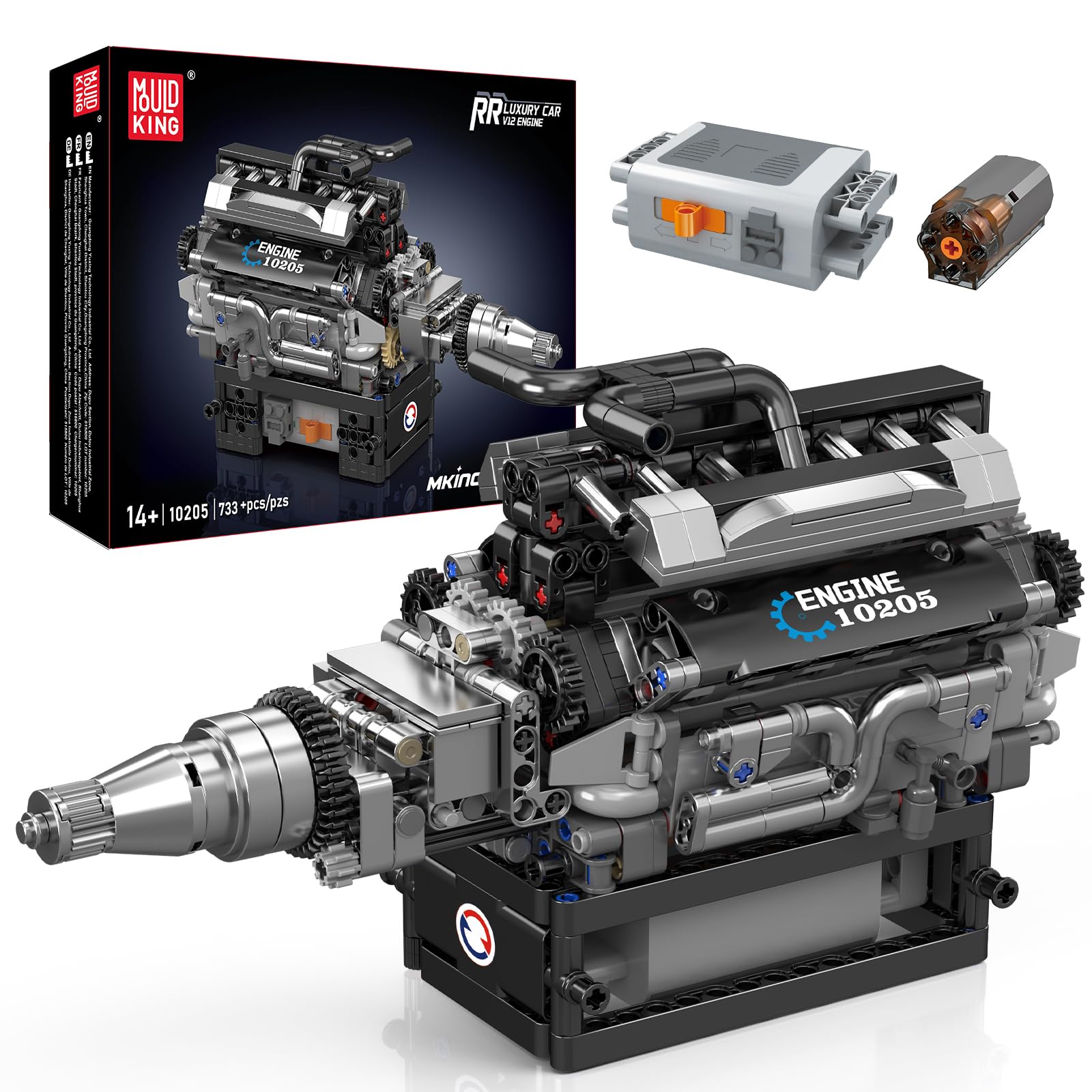 Mold King 10205 Technic RR V12 کیت بلوک موتور بنزینی خطی هشت سیلندر، 733 قطعه کیت بلوک های ساختمانی فناوری شامل موتور و جعبه باتری موتور V8