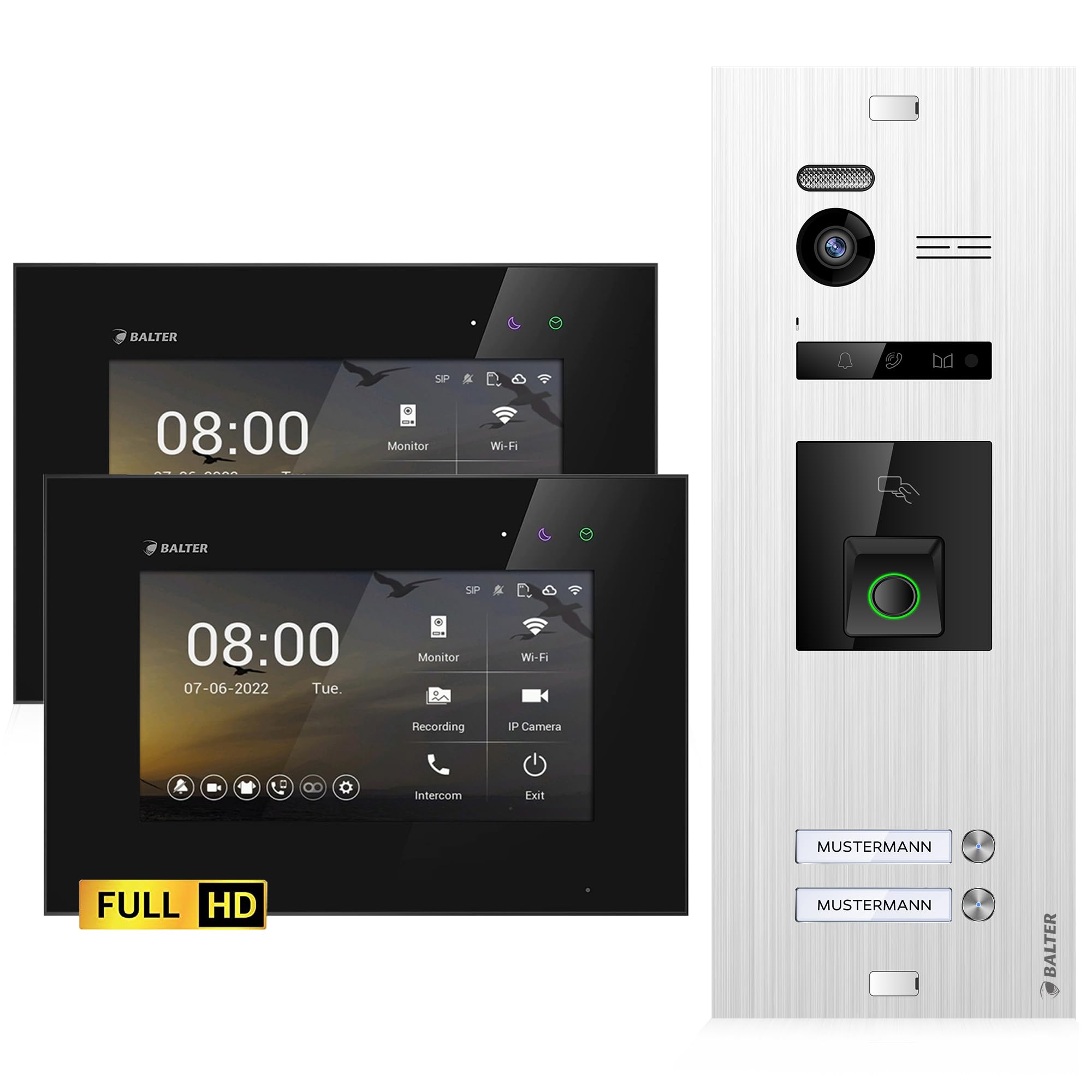 اینترکام درب تصویری Balter EVO-HD با حسگر اثر انگشت، زنگ ویدیویی، خانه 2 خانواده، مانیتور 1 x 7 اینچی، زنگ در با دوربین Full HD، اتوبوس 2 سیم، زاویه عریض 175 درجه، RFID، 1080P