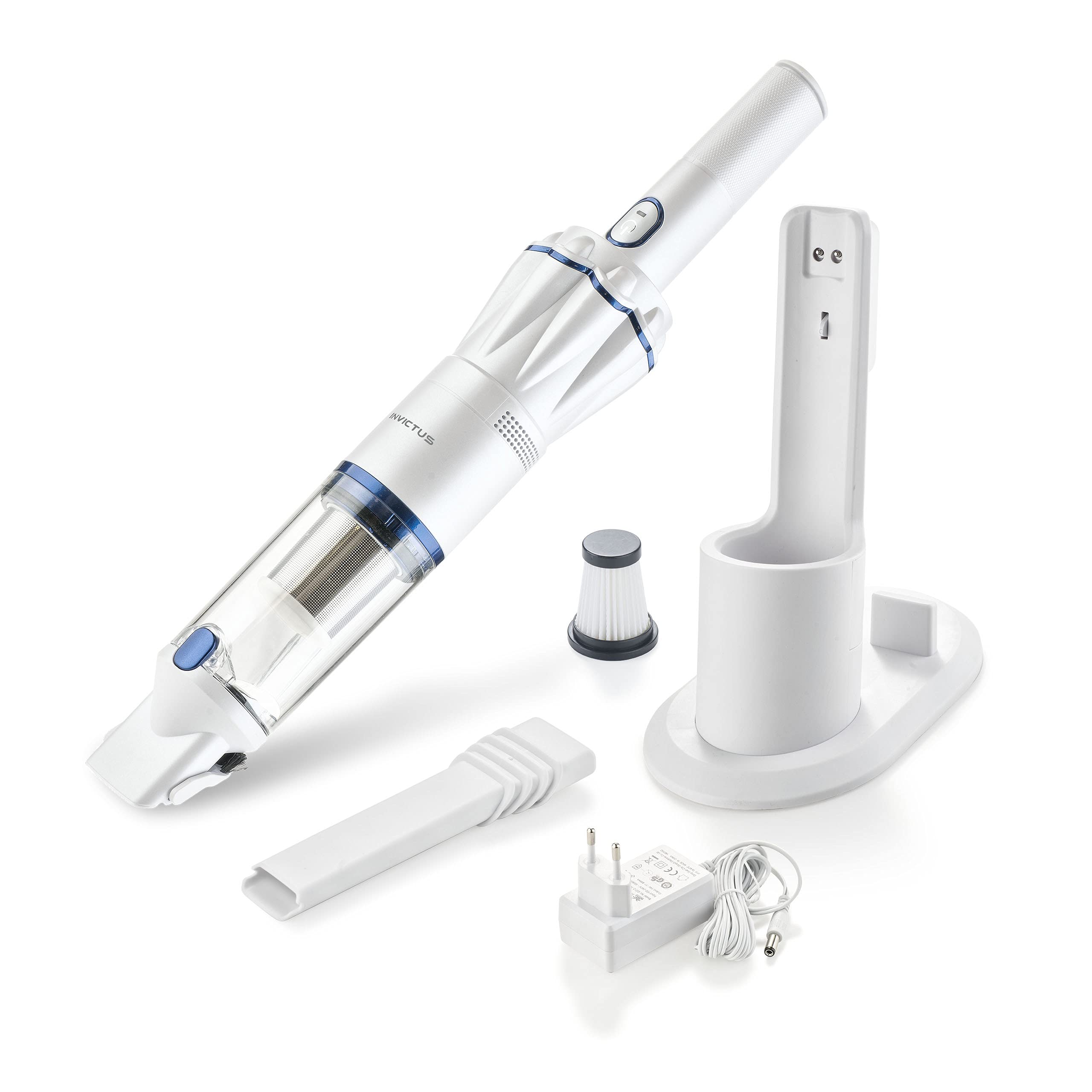 Genius A28178 Invictus One Version 1.0 ست 9 تکه سفید - جاروبرقی دستی بدون کیسه و شارژی موتور 90 واتی BLDC + لوازم جانبی، PP، فولاد ضد زنگ