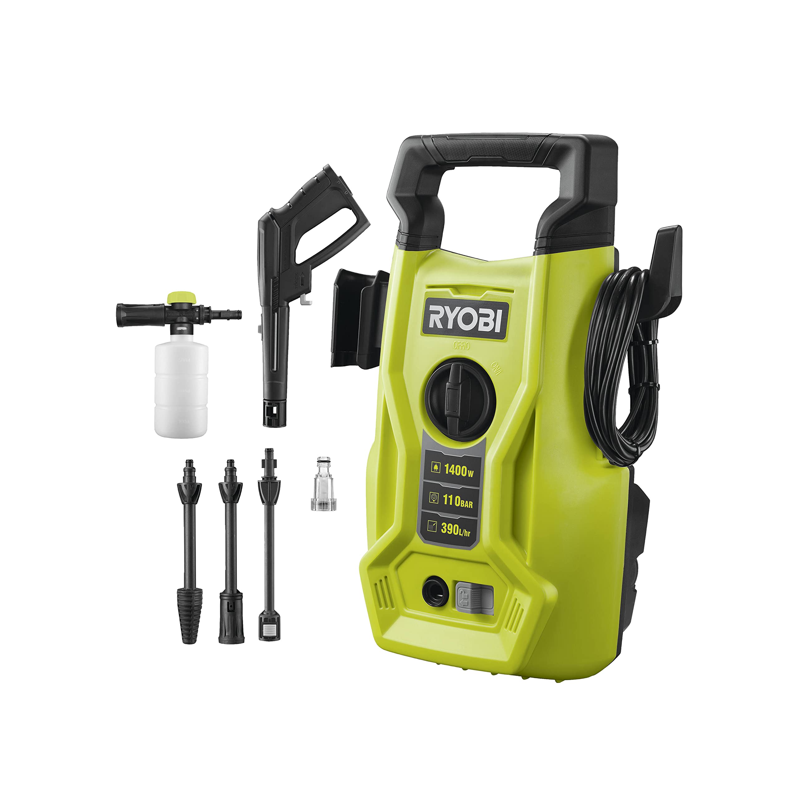 کارواش ریوبی ژاپن شوینده برقی فشار قوی RYOBI 1400 W RY110PWA، فشار 110 بار، دبی 390 لیتر در ساعت، دمای آب 40 درجه، پمپ آلومینیومی، شیلنگ 5 متری، کابل 5 متری، بطری مواد شوینده، Vario و توربو لانس