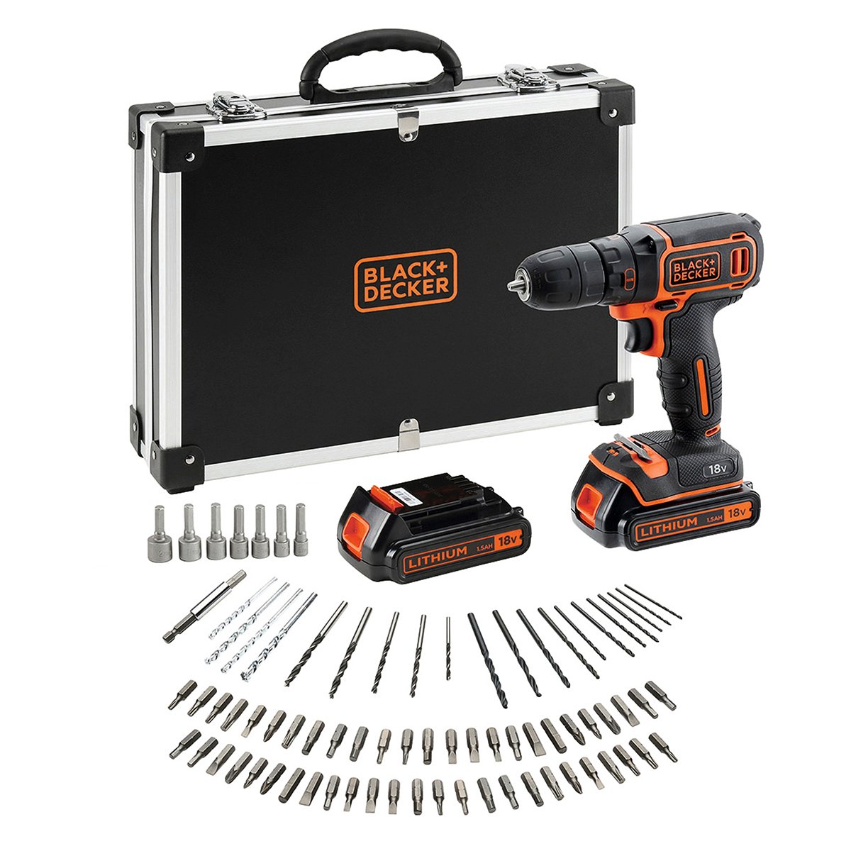 دریل/درایور شارژی 18 ولتی BLACK+DECKER، جمع و جور و سبک، شامل 2 باتری 1.5 x 1.5 Ah، شارژر سریع و 80 لوازم جانبی در یک جعبه ذخیره سازی، BDCDC18BAFC-QW