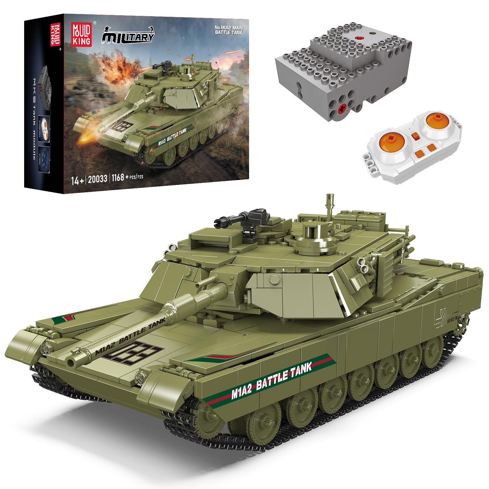 مجموعه بلوک‌های ساختمانی نظامی تانک M1A2 با کنترل از راه دور Mold King 20033، MOC WW2 Tank Army هدیه ساخت و ساز اسباب‌بازی برای مردان بزرگسال کیت بلوک‌های ساختمانی به هم پیوسته (1168 قطعه)