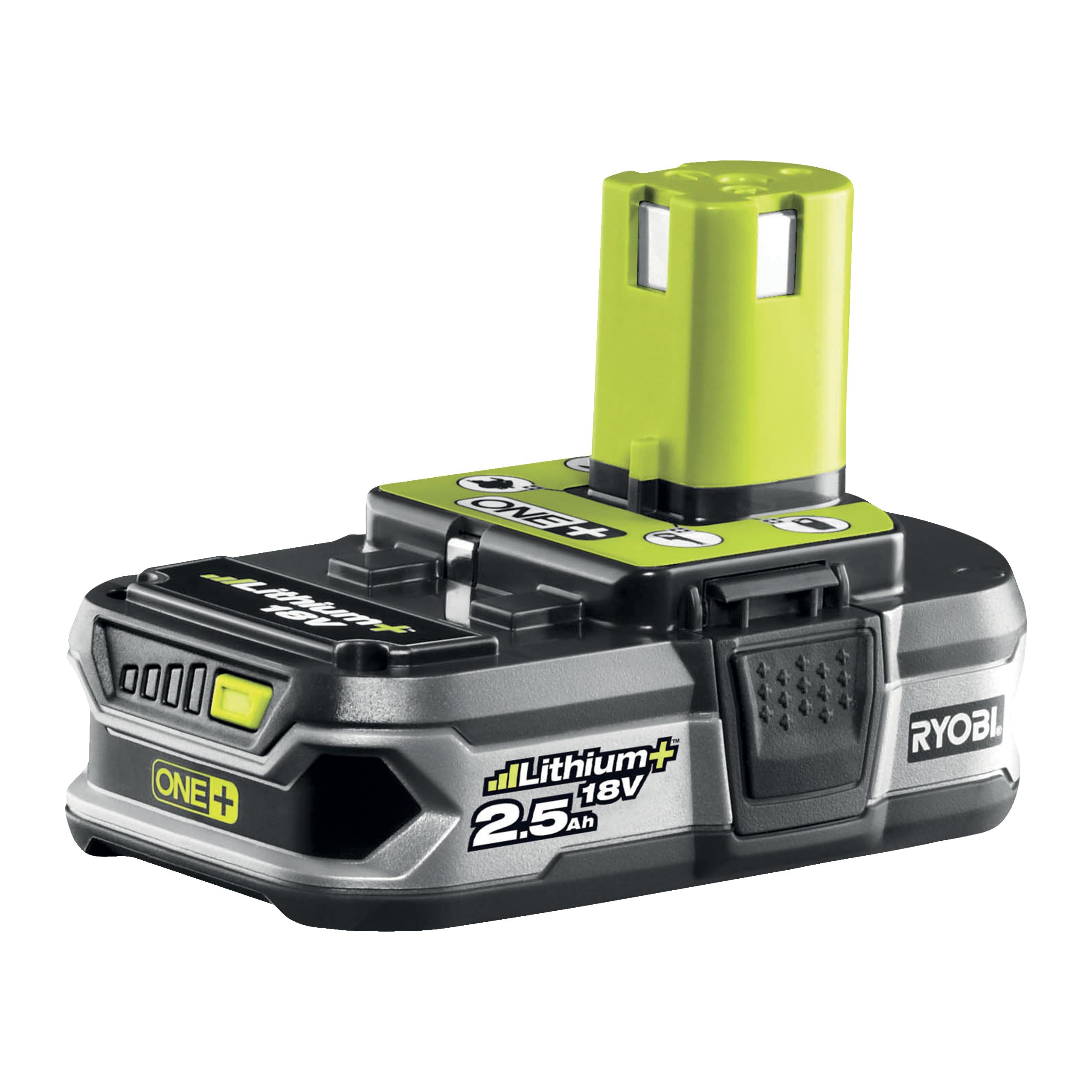 باتری RYOBI 18 V ONE+ 2.5 Ah Lithium+ RB18L25 (سازگار با تمام دستگاه های RYOBI 18 V ONE+، نشانگر سطح شارژ باتری، فناوری باتری IntelliCell™ با نظارت بر سلول فردی، حفاظت از اضافه بار)