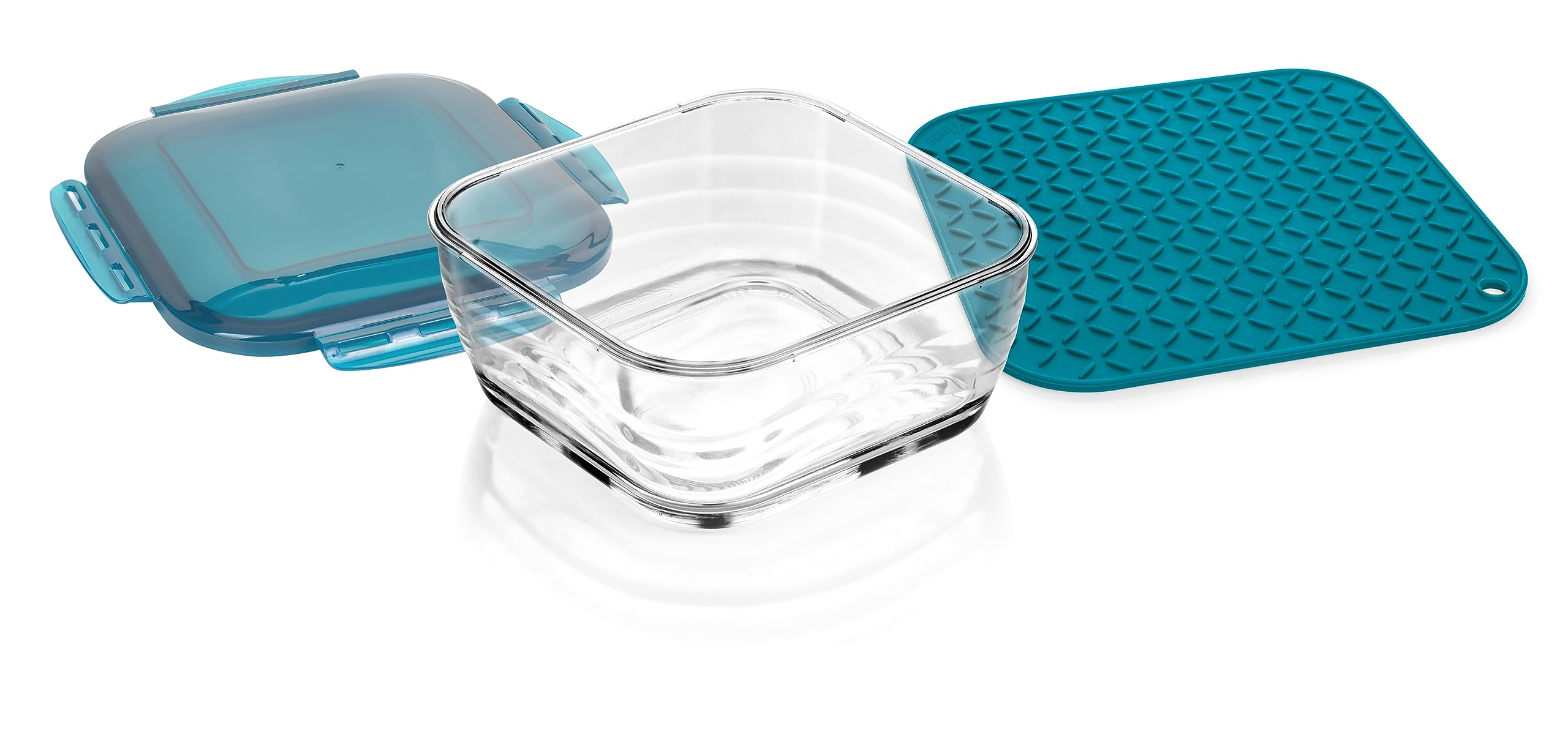 Genius Nicer Dicer Chef کاسه شیشه ای جعبه طراوت حرفه ای با درب | مجموعه 3 تایی لوازم جانبی، گنجایش 2.8 لیتر، شامل تشک سیلیکونی، تشک ضد لغزش، ظرف قابلمه، ضد فر