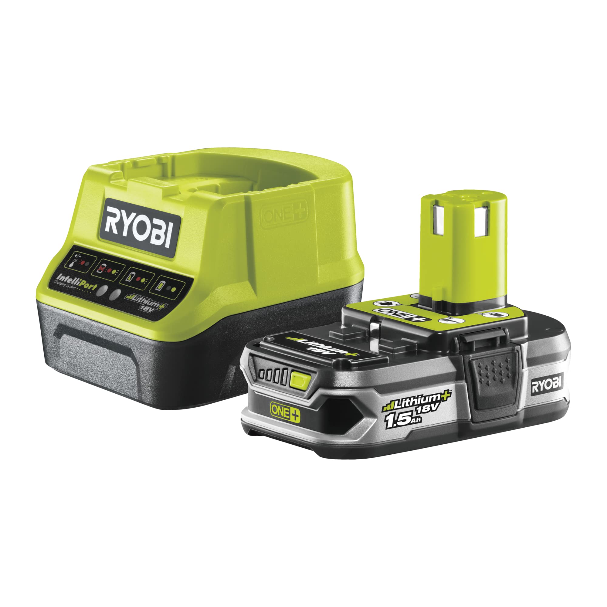 مجموعه استارت باتری RYOBI 18 V ONE+ RC18120-115 (با حفاظت اضافه بار و نشانگر سطح شارژ، شامل باتری 1 x 1.5 Ah و شارژر سریع)