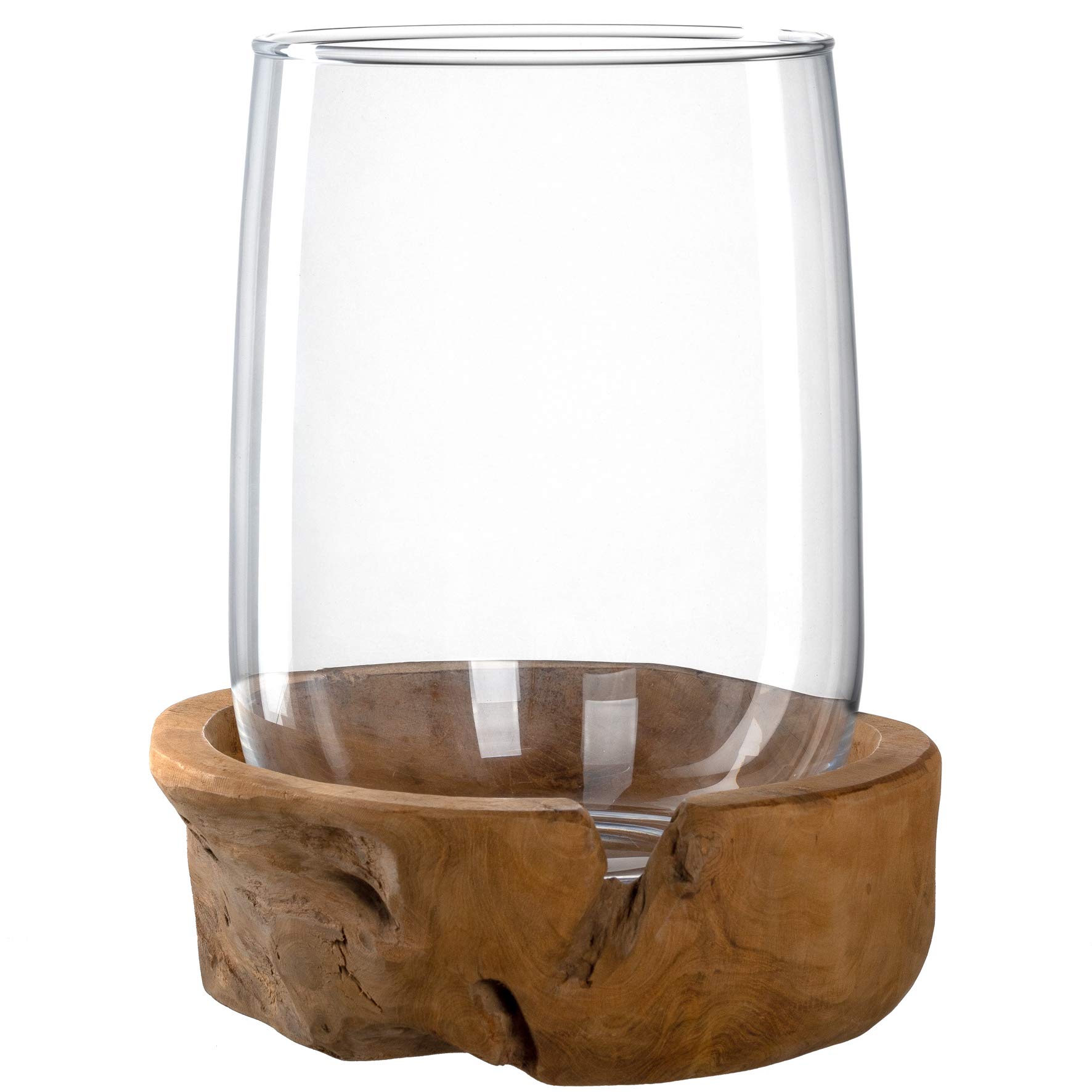 فانوس لئوناردو ترا با پایه چوب ساج، جاشمعی دست‌ساز، گلدان شمعدانی از جنس شیشه شفاف، ارتفاع ۲۷ سانتی‌متر، قطر ۲۳ سانتی‌متر، کد ۰۸۴۴۰۹