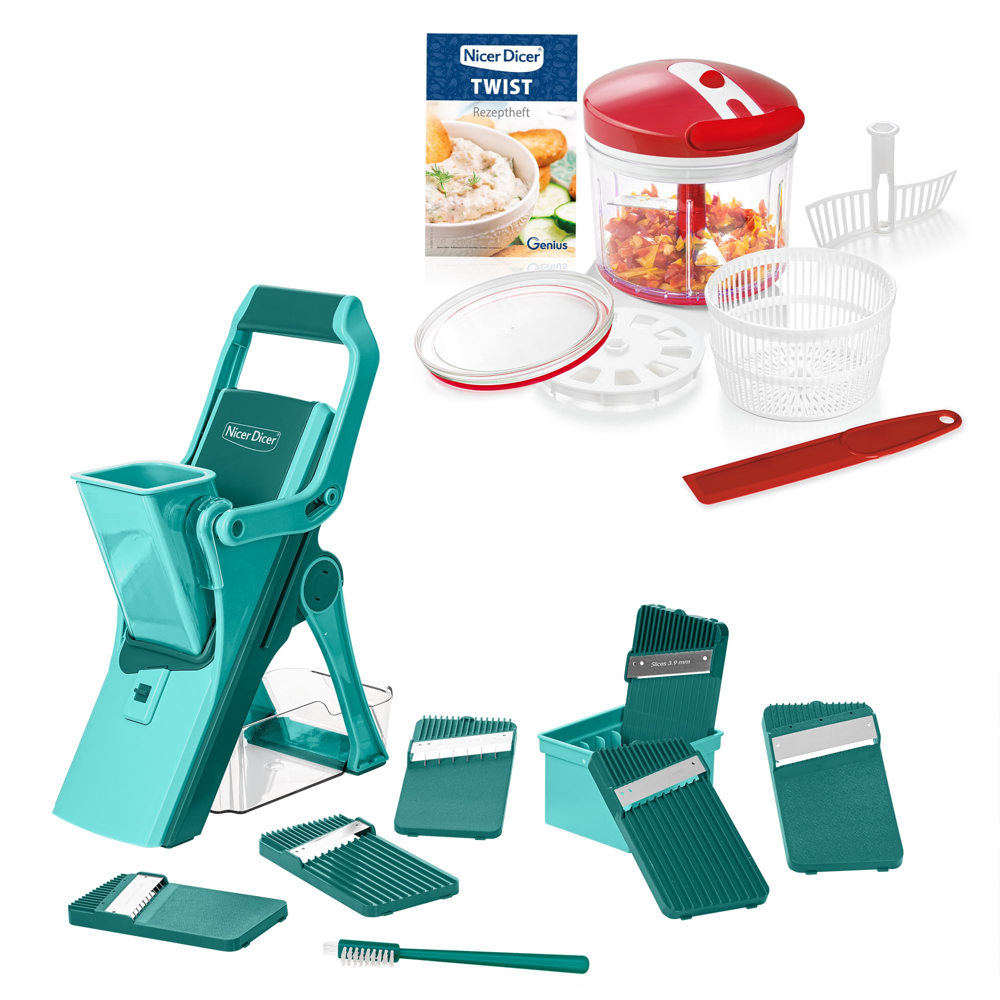 Genius Nicer Dicer Mando شامل سبزی خرد کن Twist 21 عدد، سبزیجات برش دستی ایستاده با حوضچه جمع آوری 6 عدد پیاز سیب زمینی سیب زمینی فرنچ برش سالاد، سالاد اسپینر
